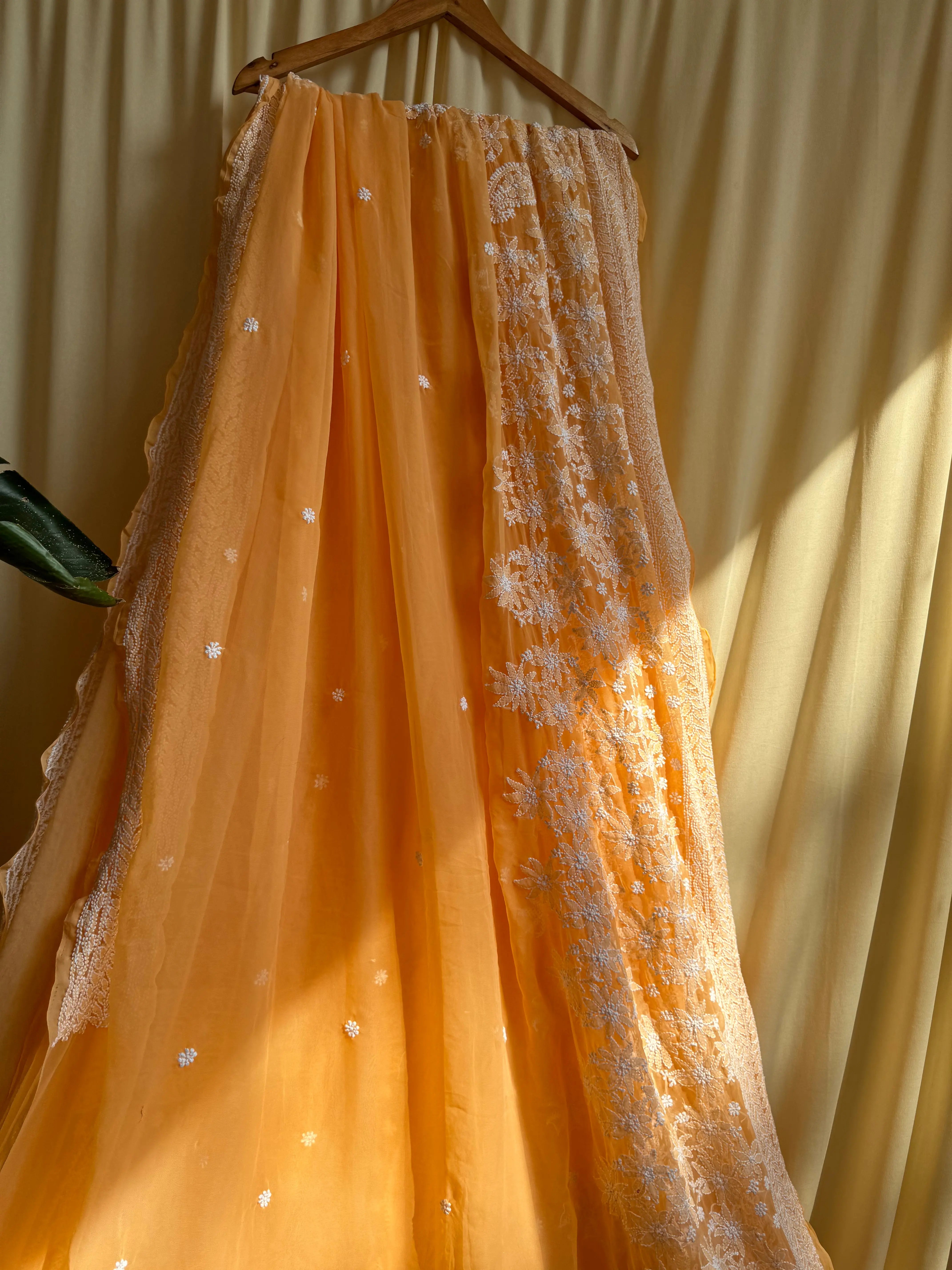 Georgette Chikankari saree in Sunset Orange ARIAA CHIKANKARI 