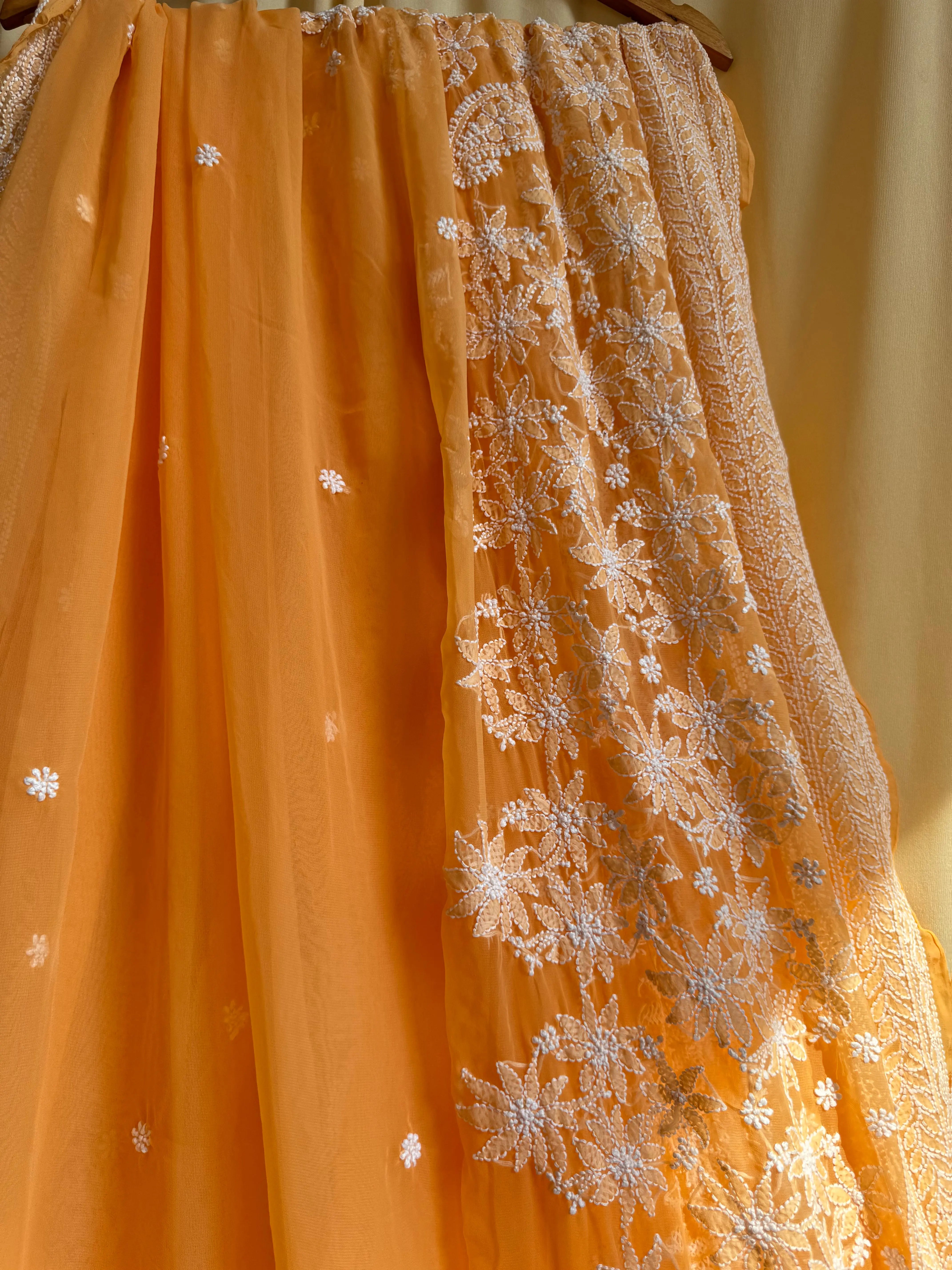 Georgette Chikankari saree in Sunset Orange ARIAA CHIKANKARI 