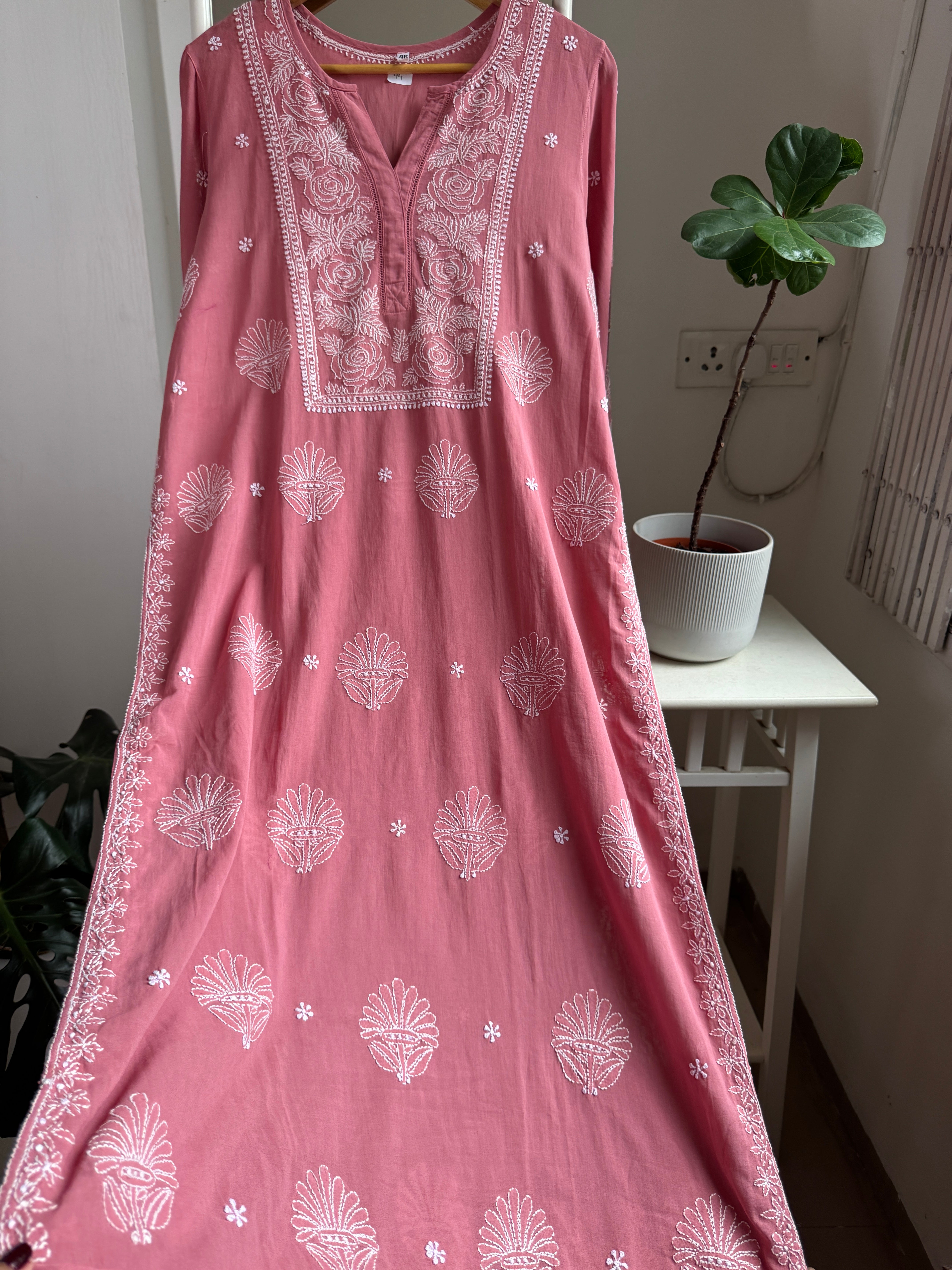 Mul Cotton Chikankari Kurti - Rosewood ARIAA CHIKANKARI 