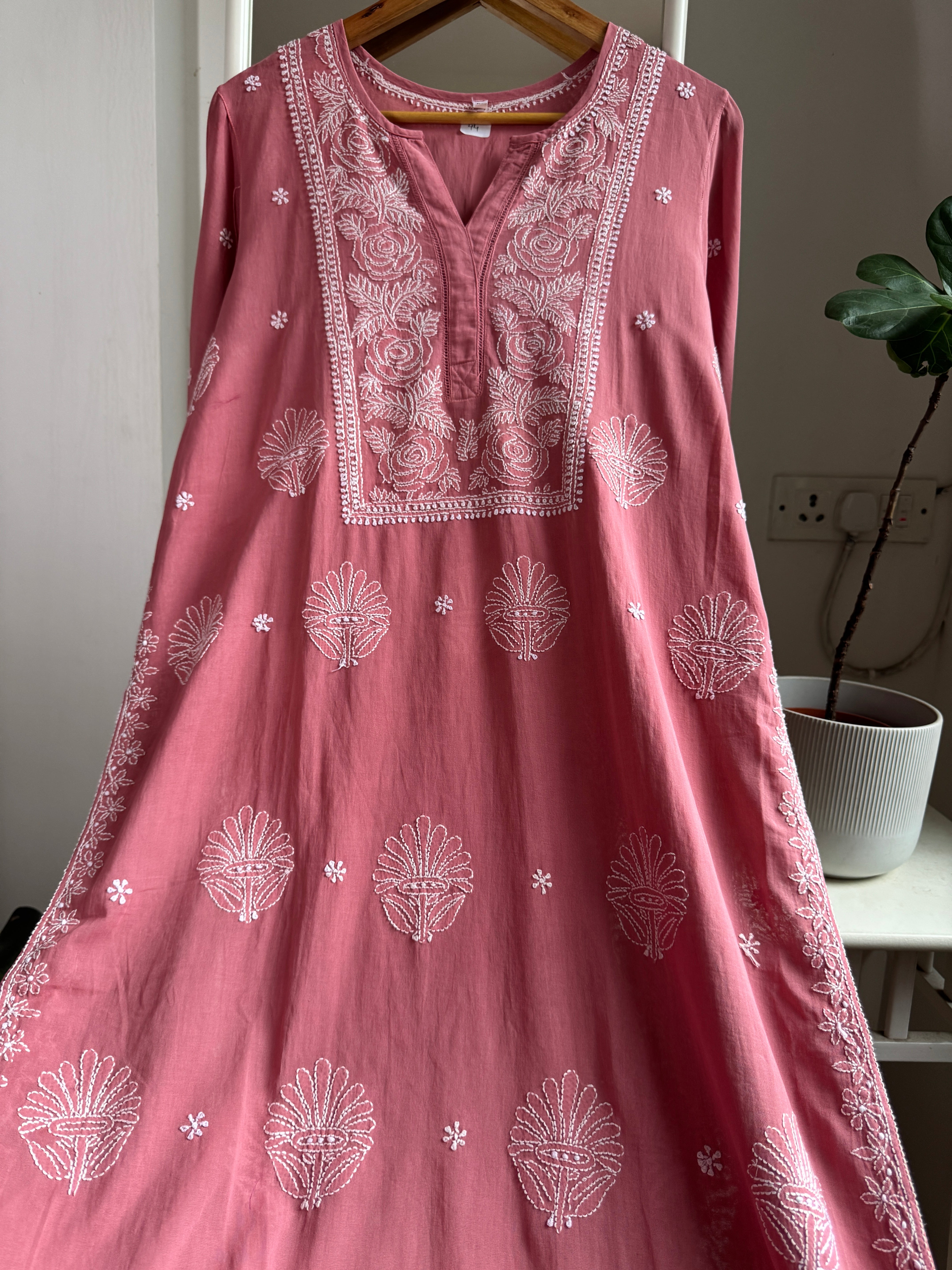 Mul Cotton Chikankari Kurti - Rosewood ARIAA CHIKANKARI 