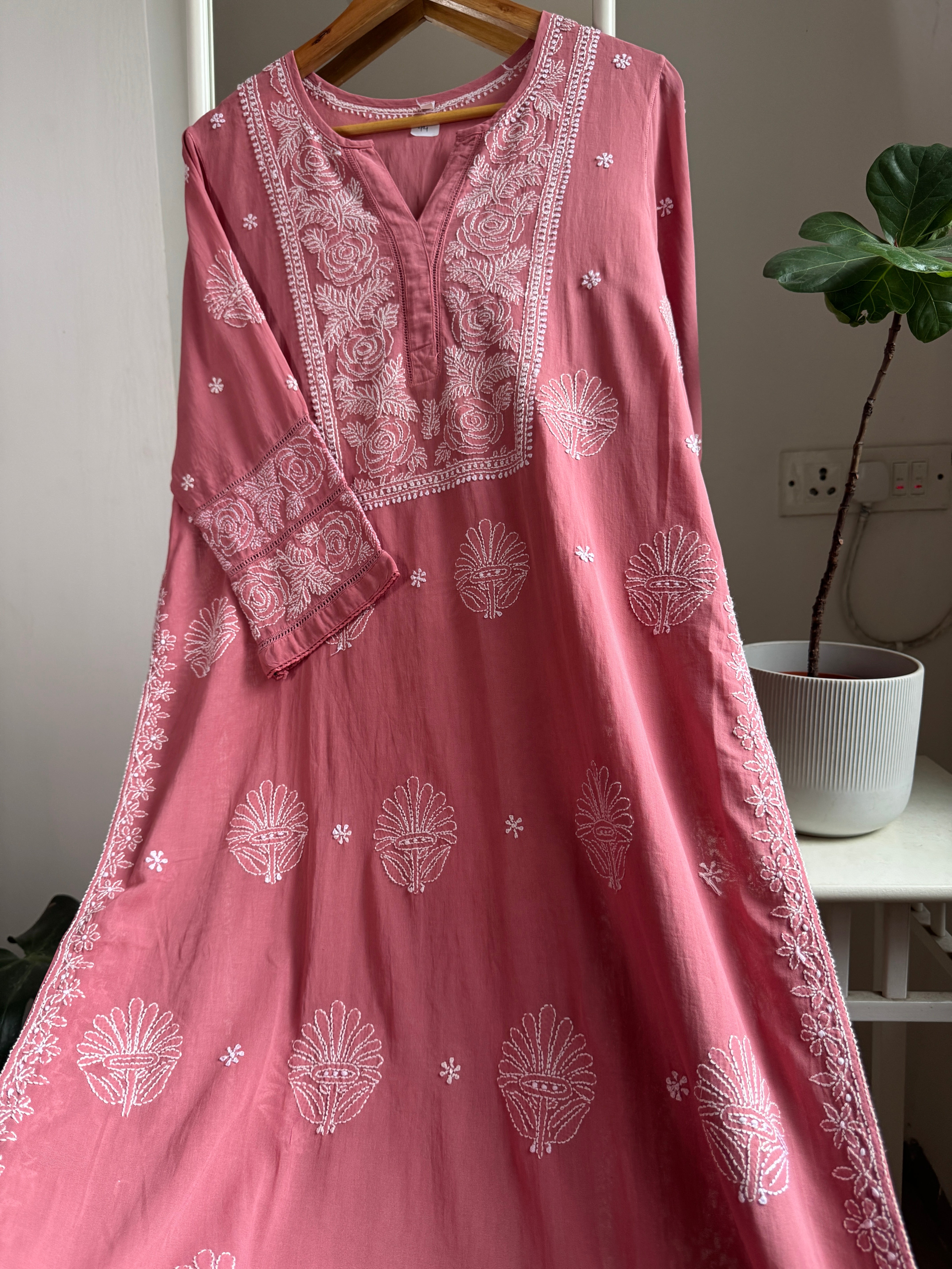 Mul Cotton Chikankari Kurti - Rosewood ARIAA CHIKANKARI 