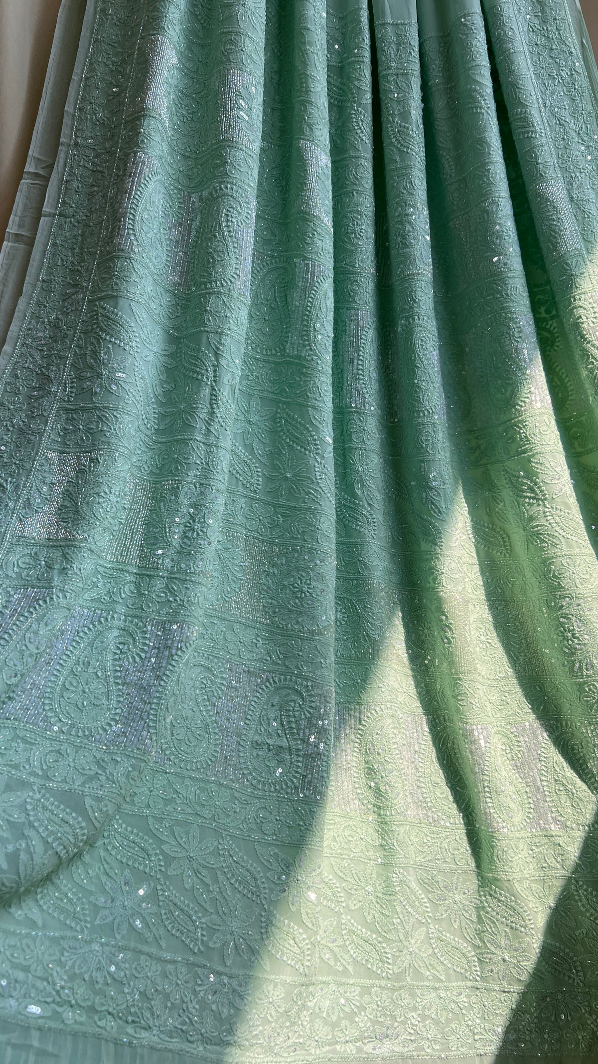 Chikankari saree with Pearl embellishments-Green