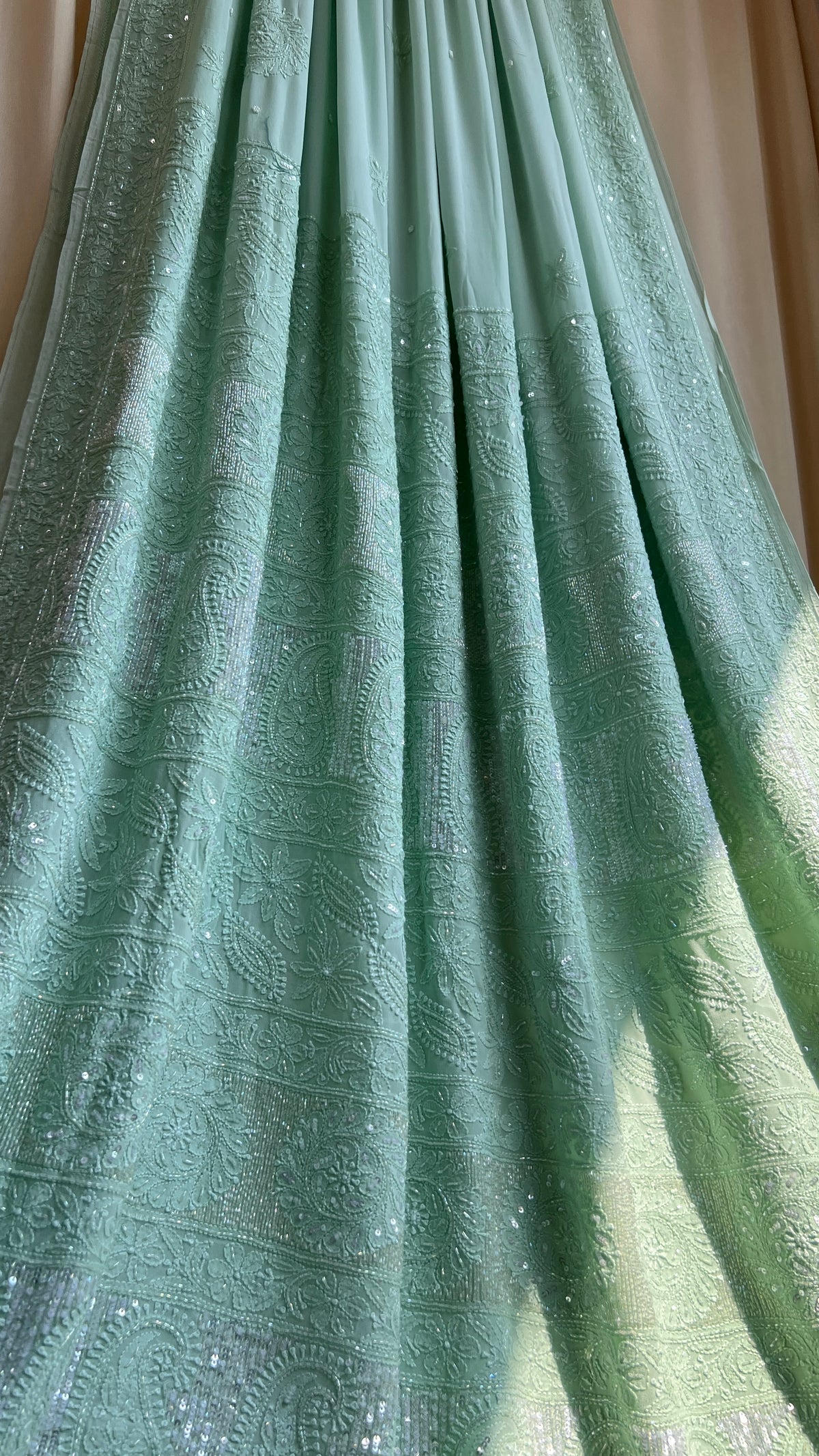 Chikankari saree with Pearl embellishments-Green