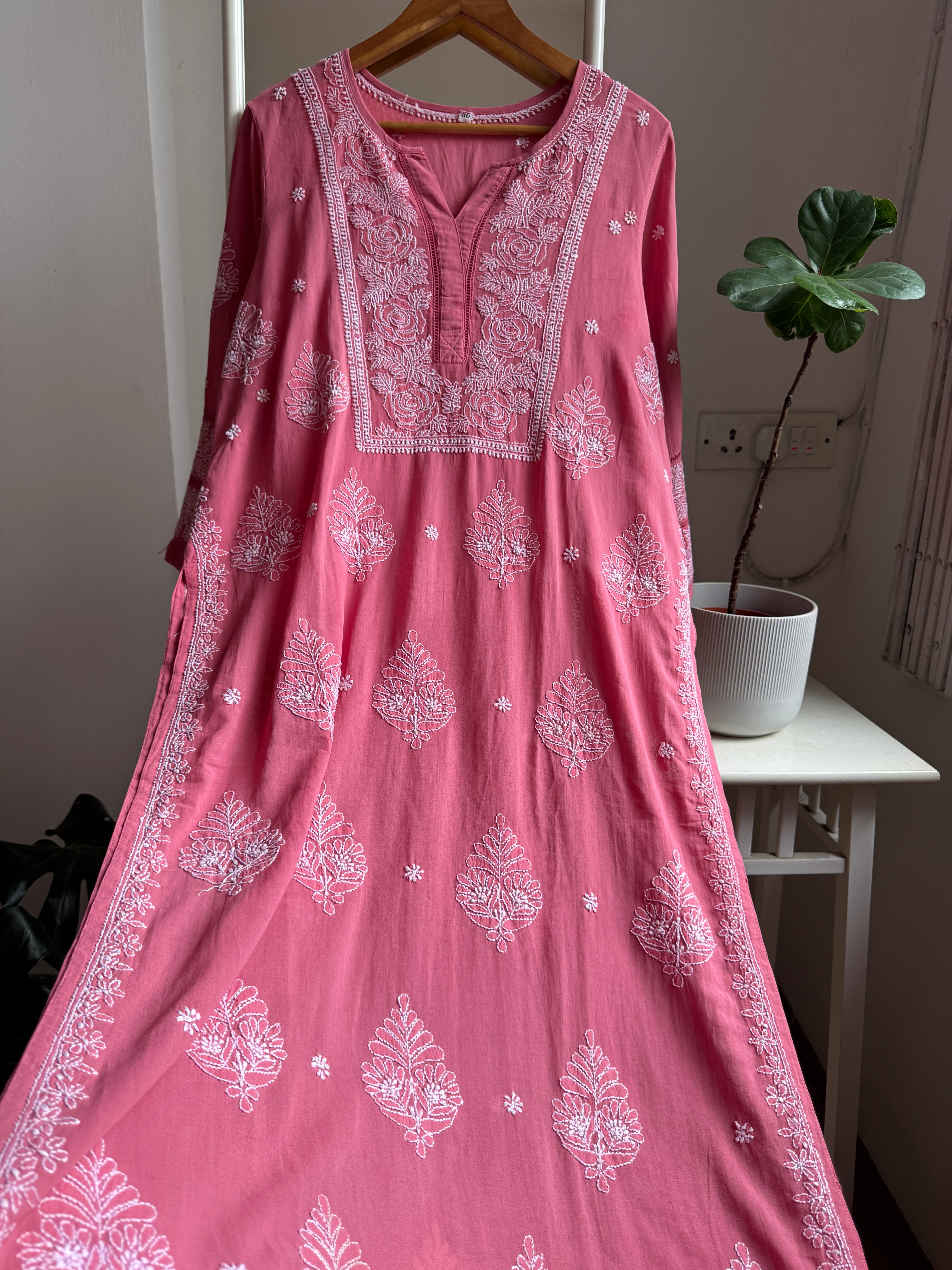 Mul Cotton Chikankari Kurti - Rosewood ARIAA CHIKANKARI 