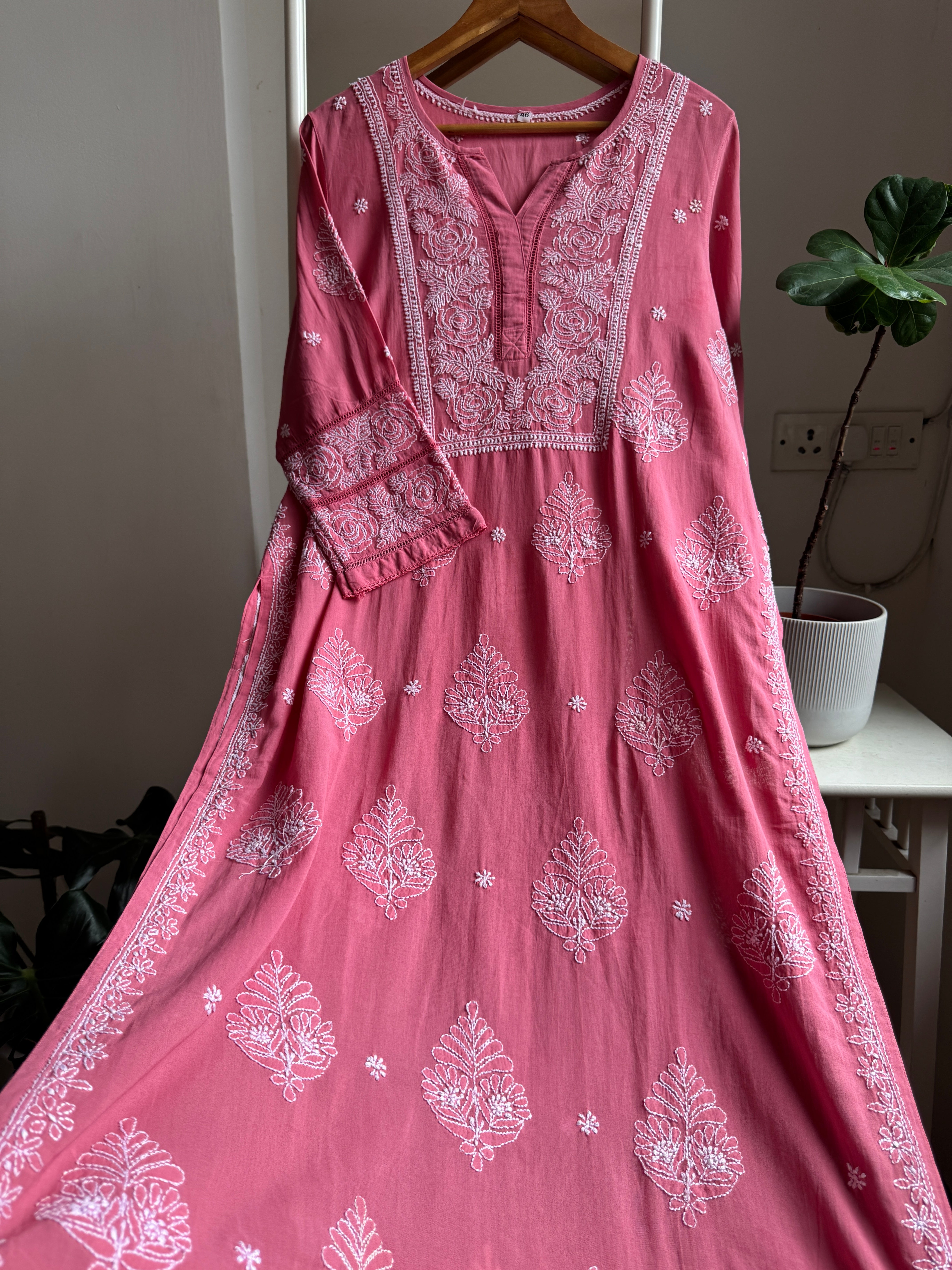 Mul Cotton Chikankari Kurti - Rosewood ARIAA CHIKANKARI 