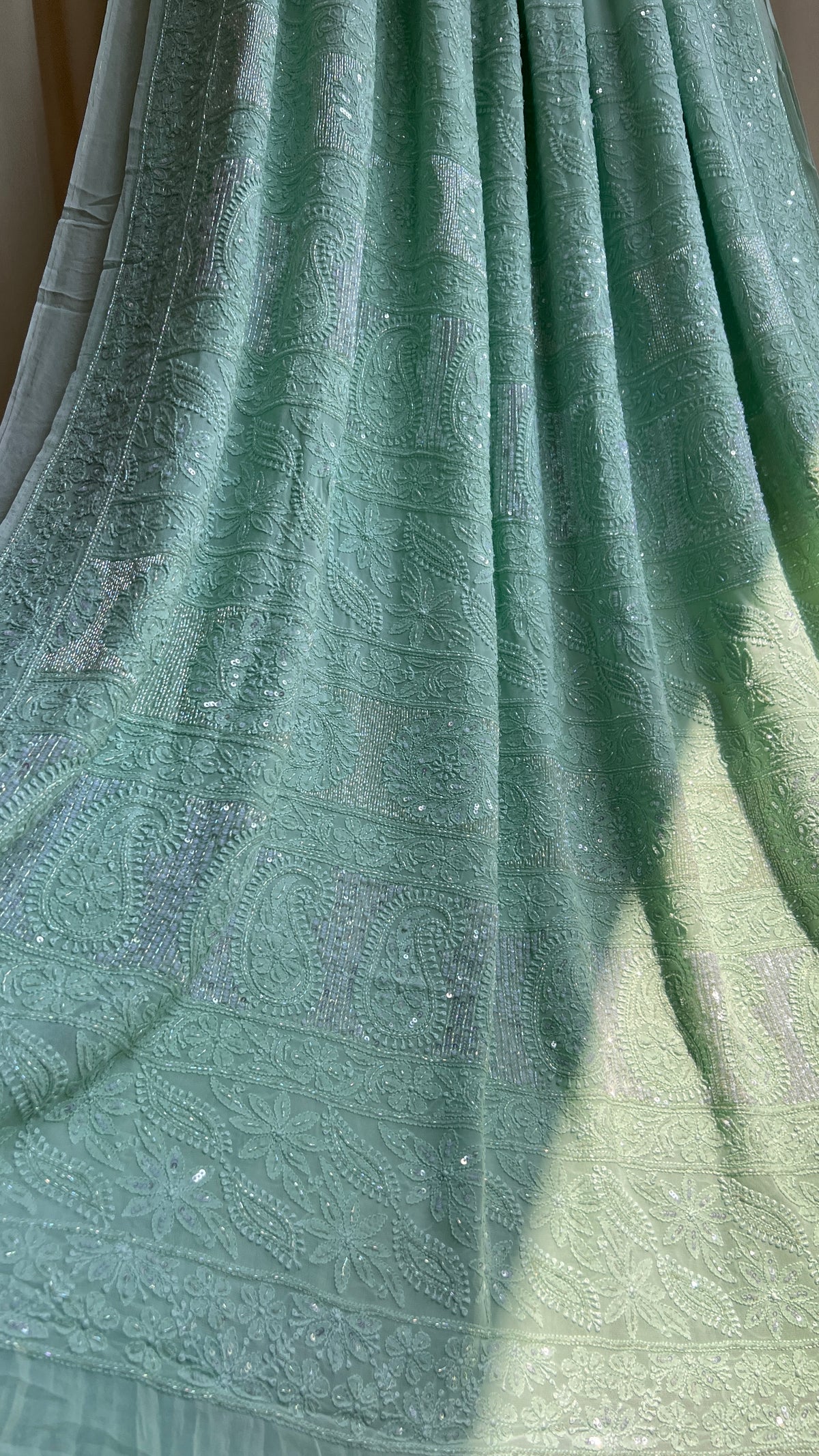 Chikankari saree with Pearl embellishments-Green