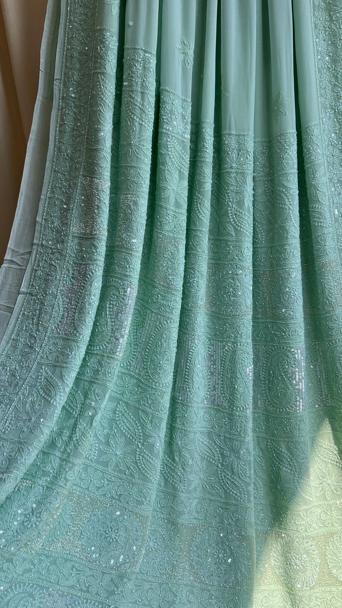 Chikankari saree with Pearl embellishments-Green