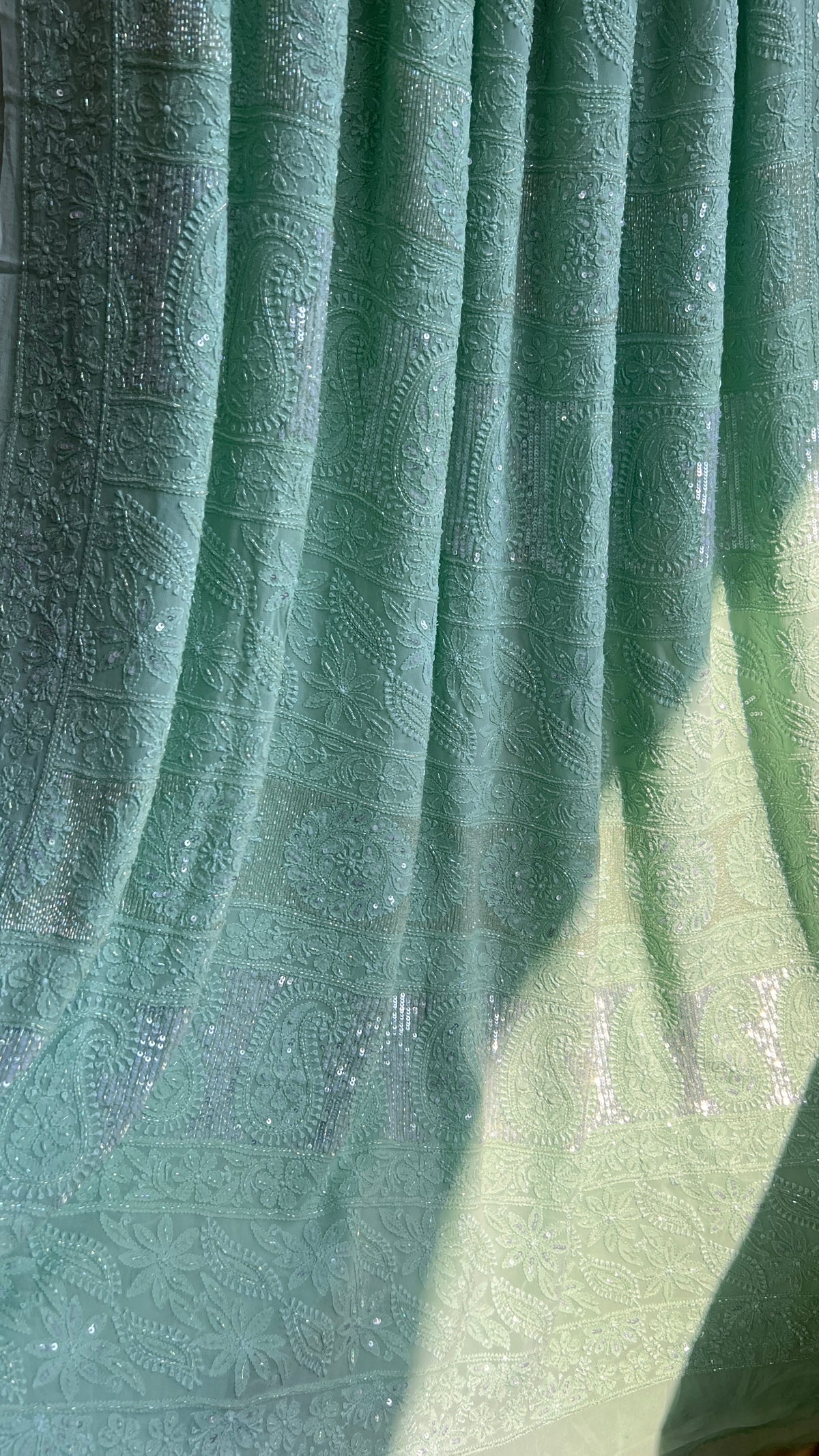 Chikankari saree with Pearl embellishments-Green