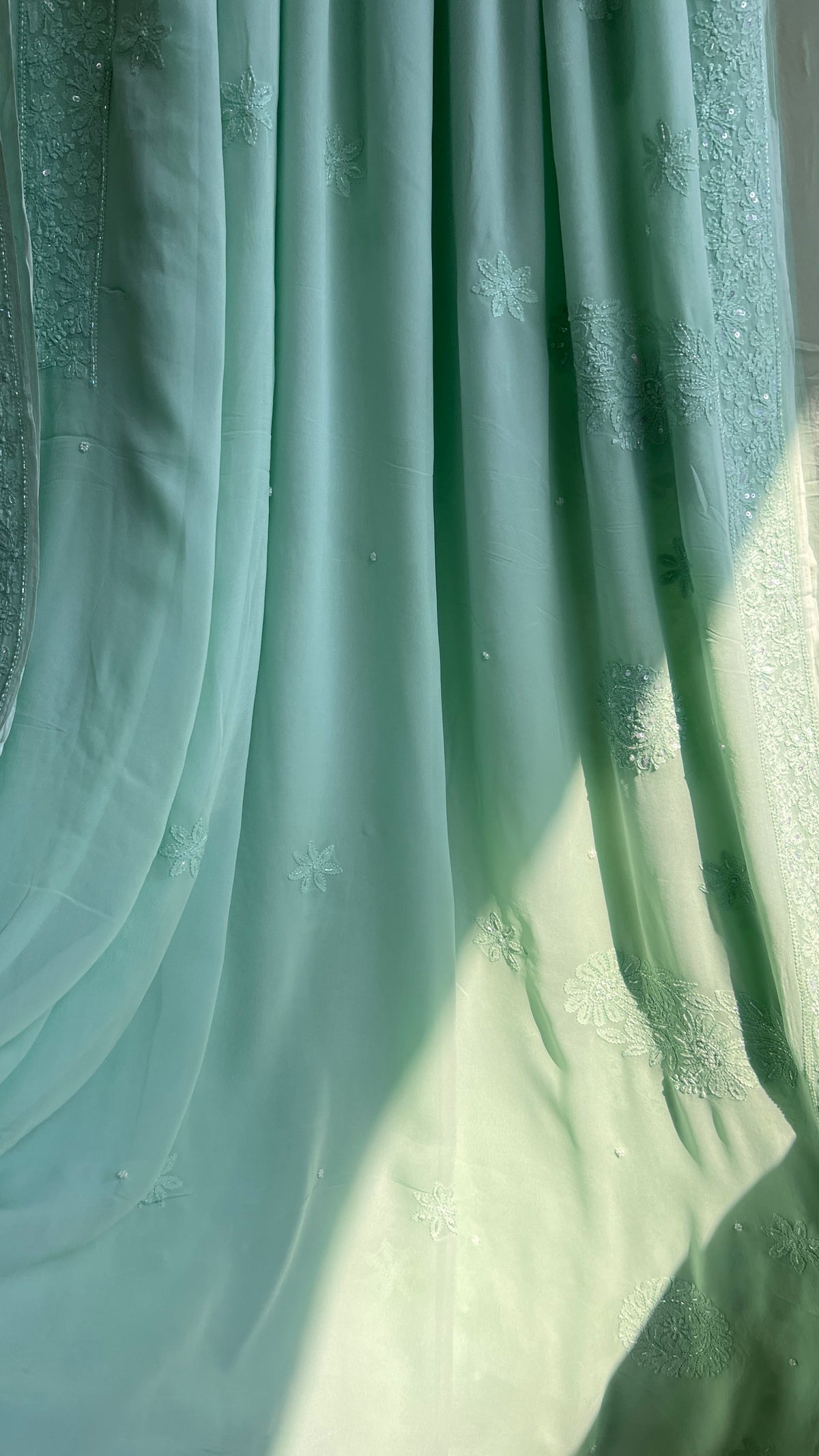 Chikankari saree with Pearl embellishments-Green