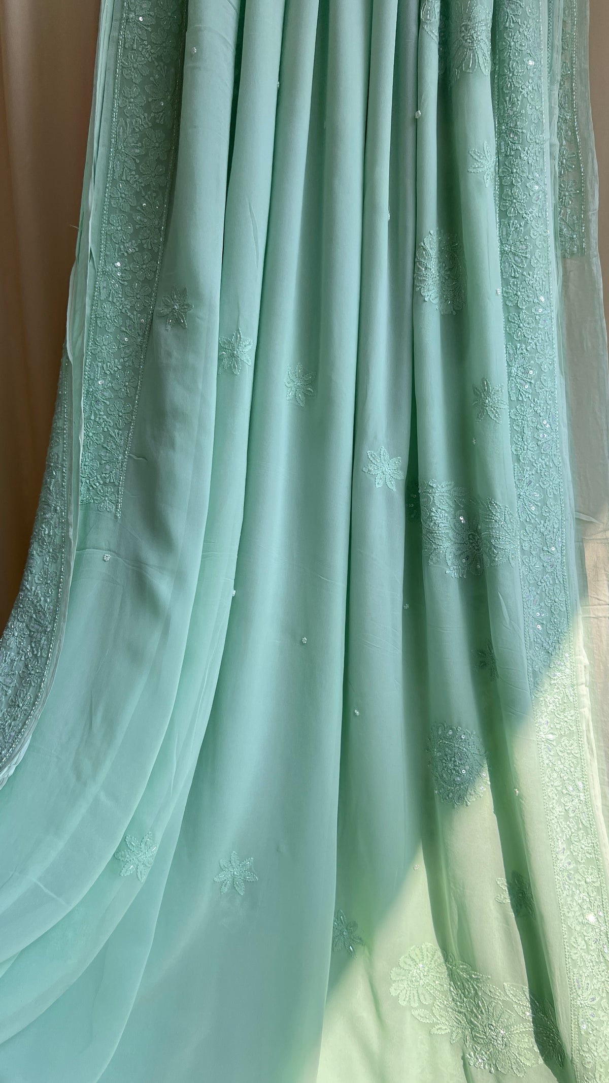 Chikankari saree with Pearl embellishments-Green