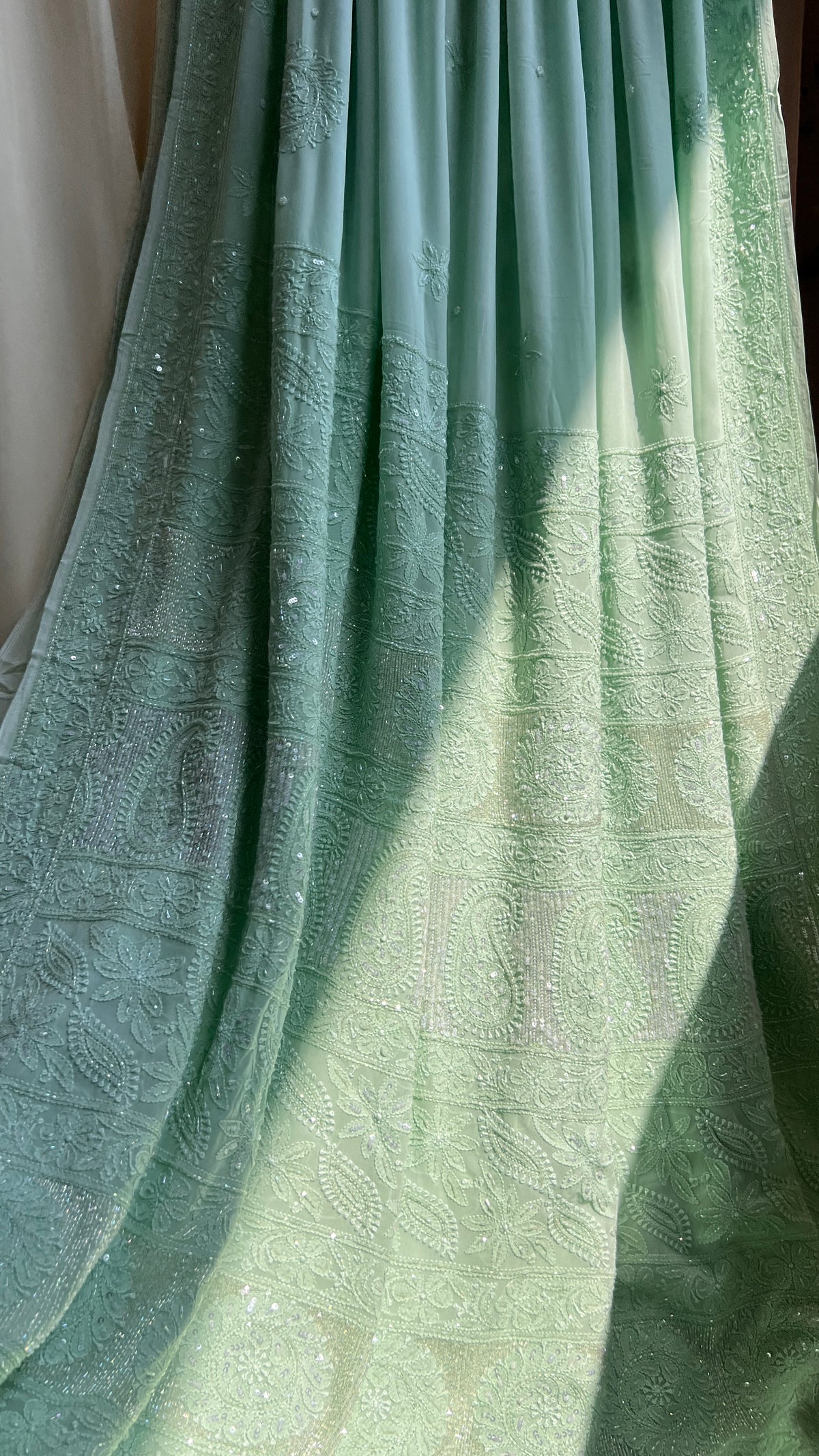 Chikankari saree with Pearl embellishments-Green
