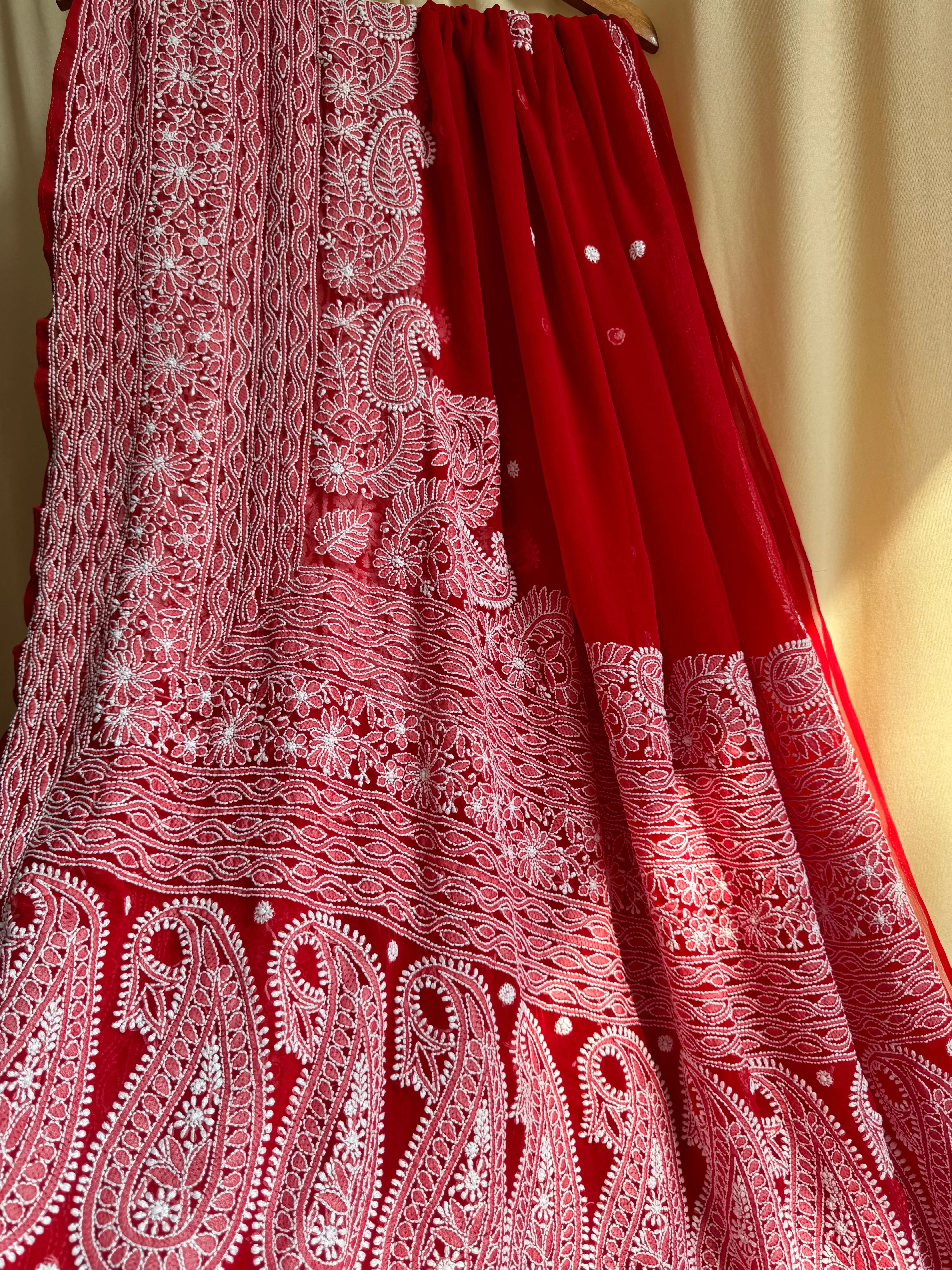 Georgette Chikankari saree in Red ARIAA CHIKANKARI 