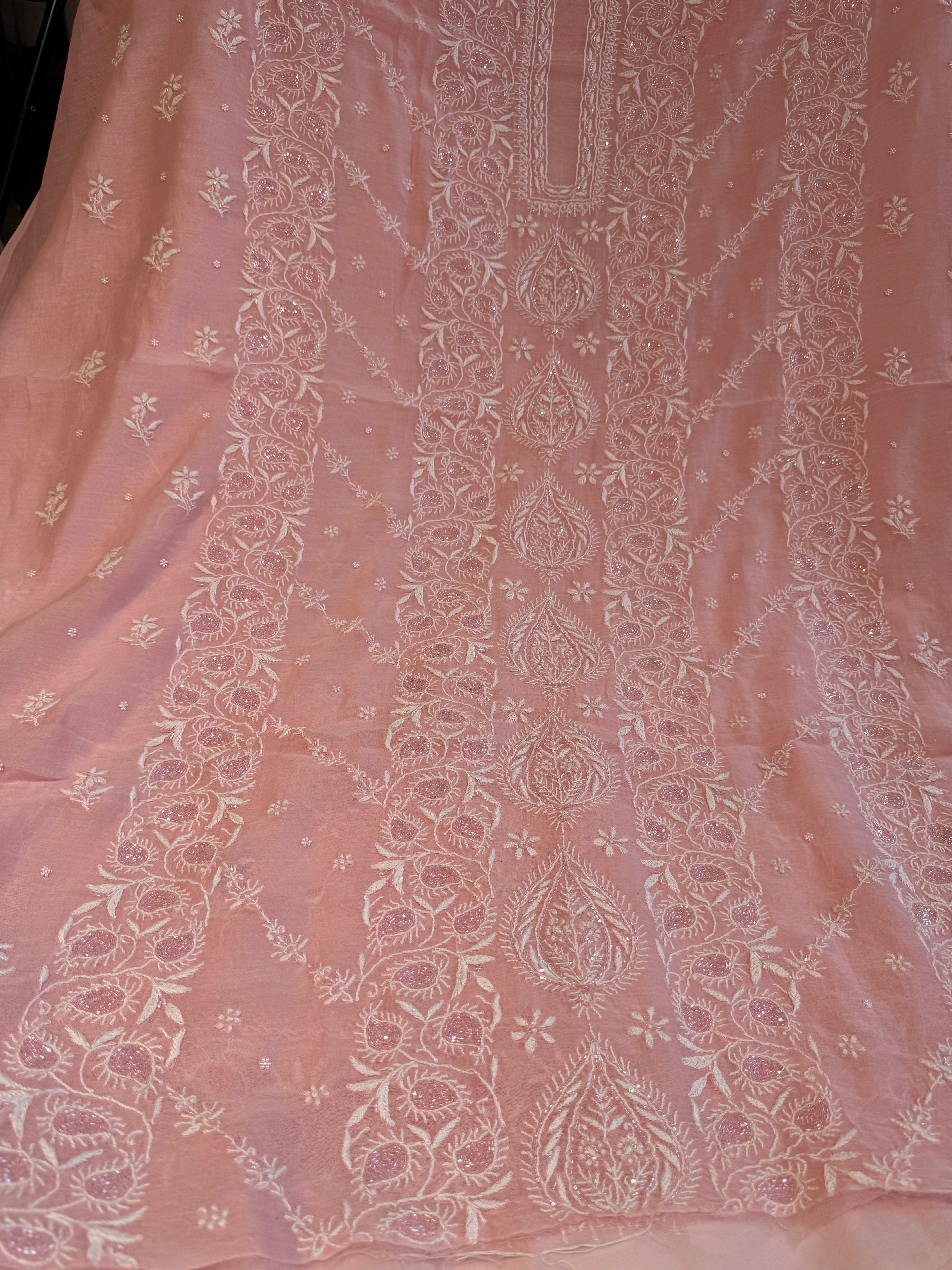 Mul Chanderi Chikankari - Heavy Unstitched Set - Pink ARIAA CHIKANKARI 