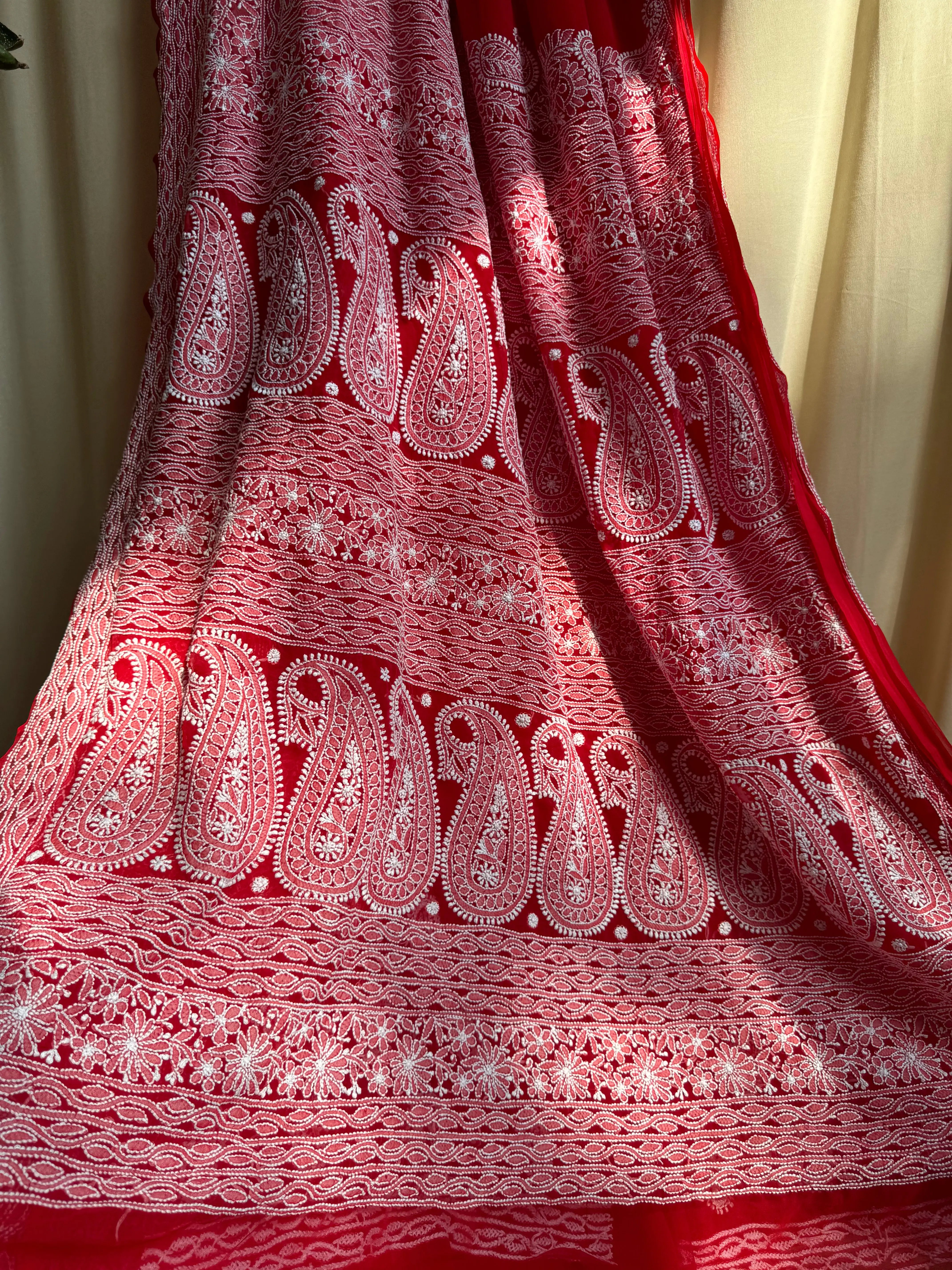 Georgette Chikankari saree in Red ARIAA CHIKANKARI 