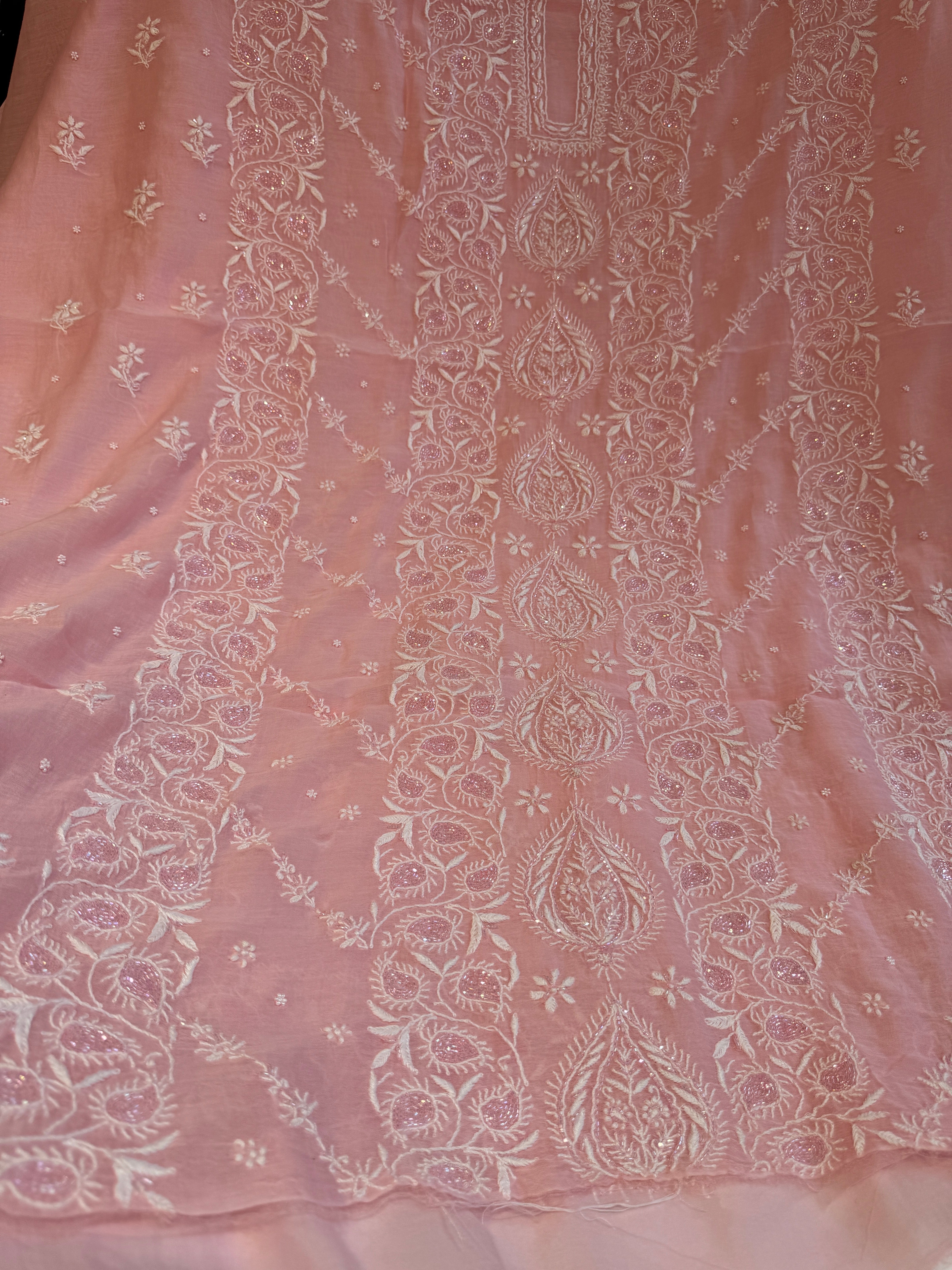 Mul Chanderi Chikankari - Heavy Unstitched Set - Pink ARIAA CHIKANKARI 