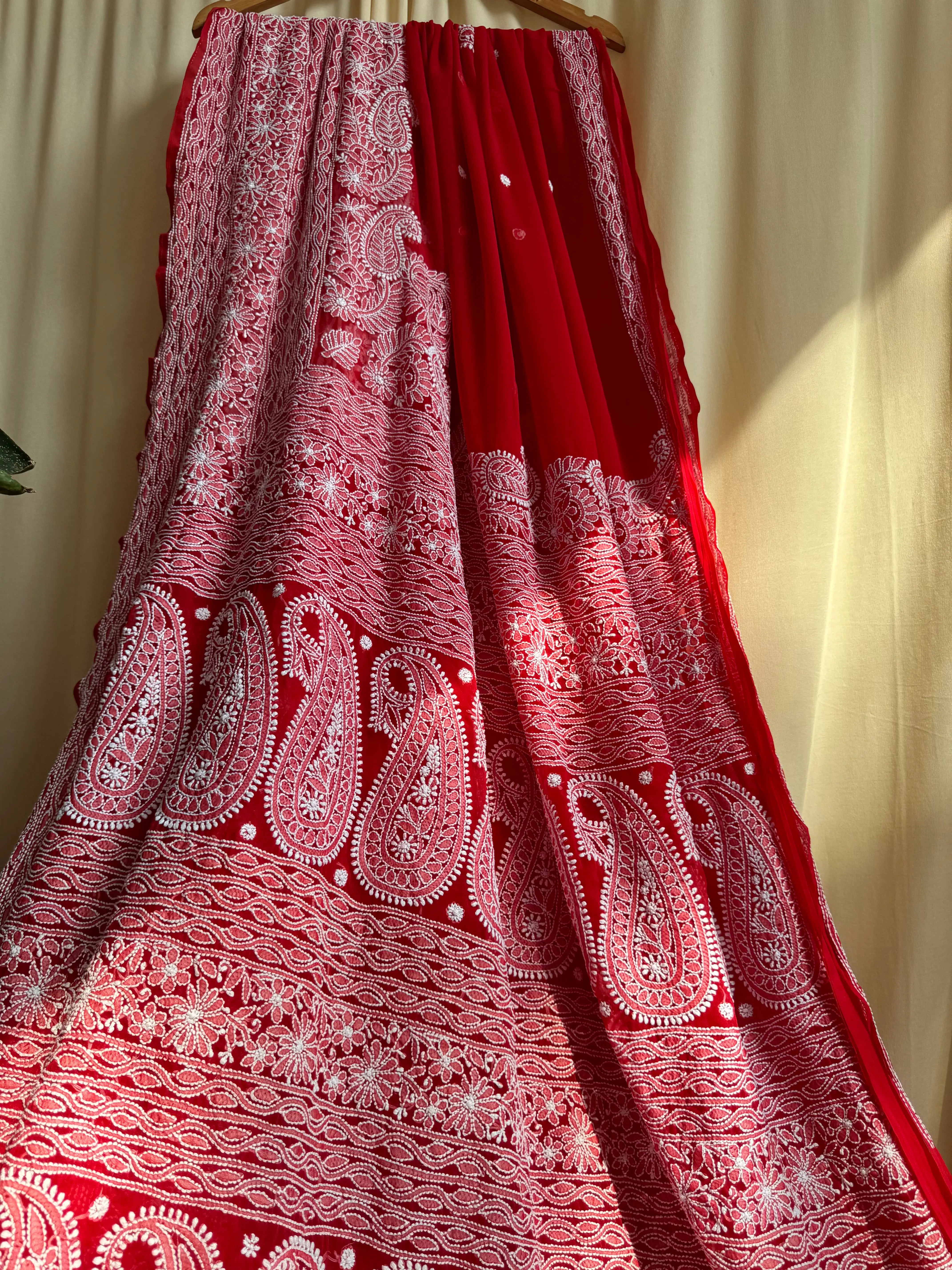 Georgette Chikankari saree in Red ARIAA CHIKANKARI 