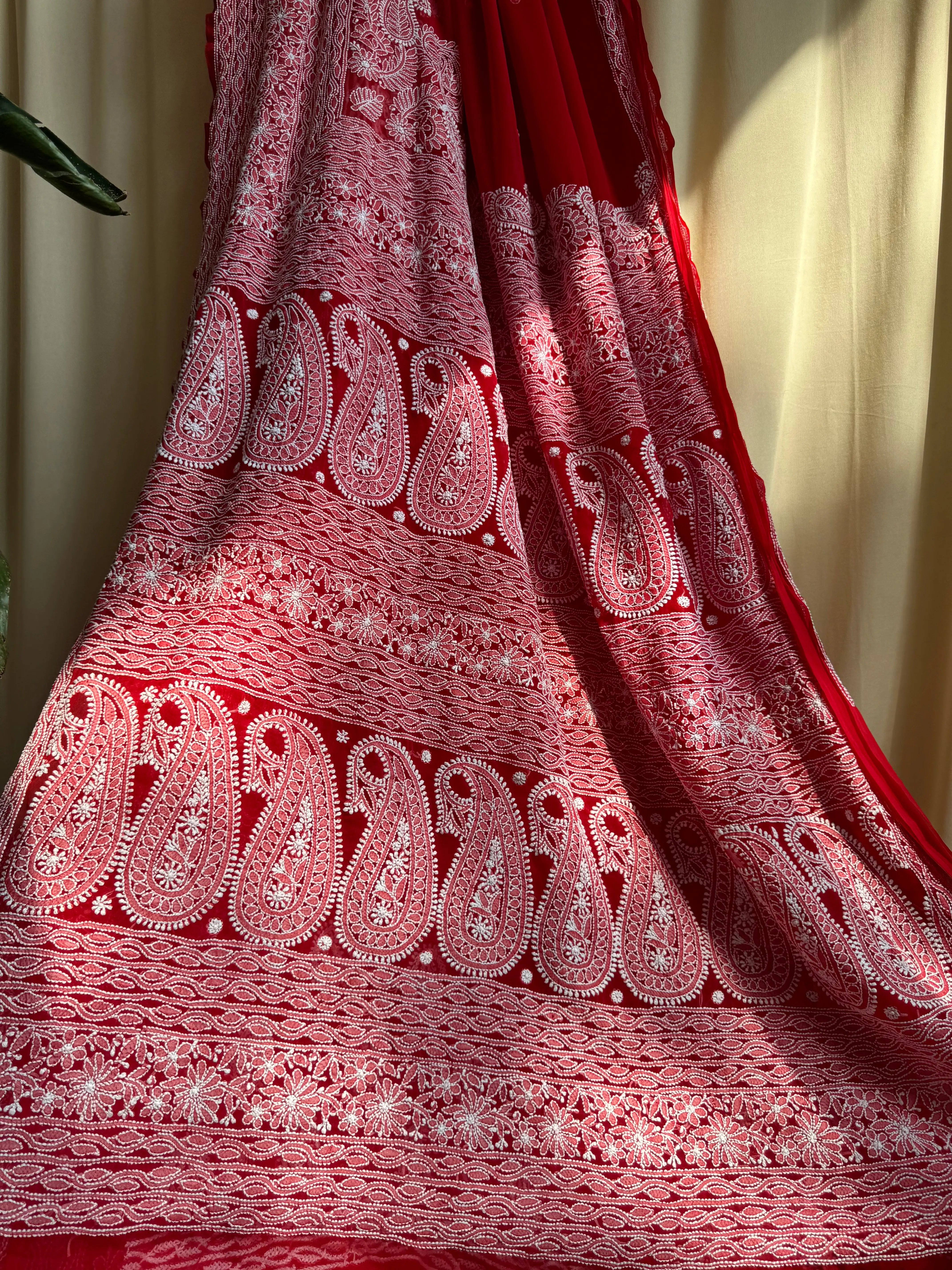 Georgette Chikankari saree in Red ARIAA CHIKANKARI 