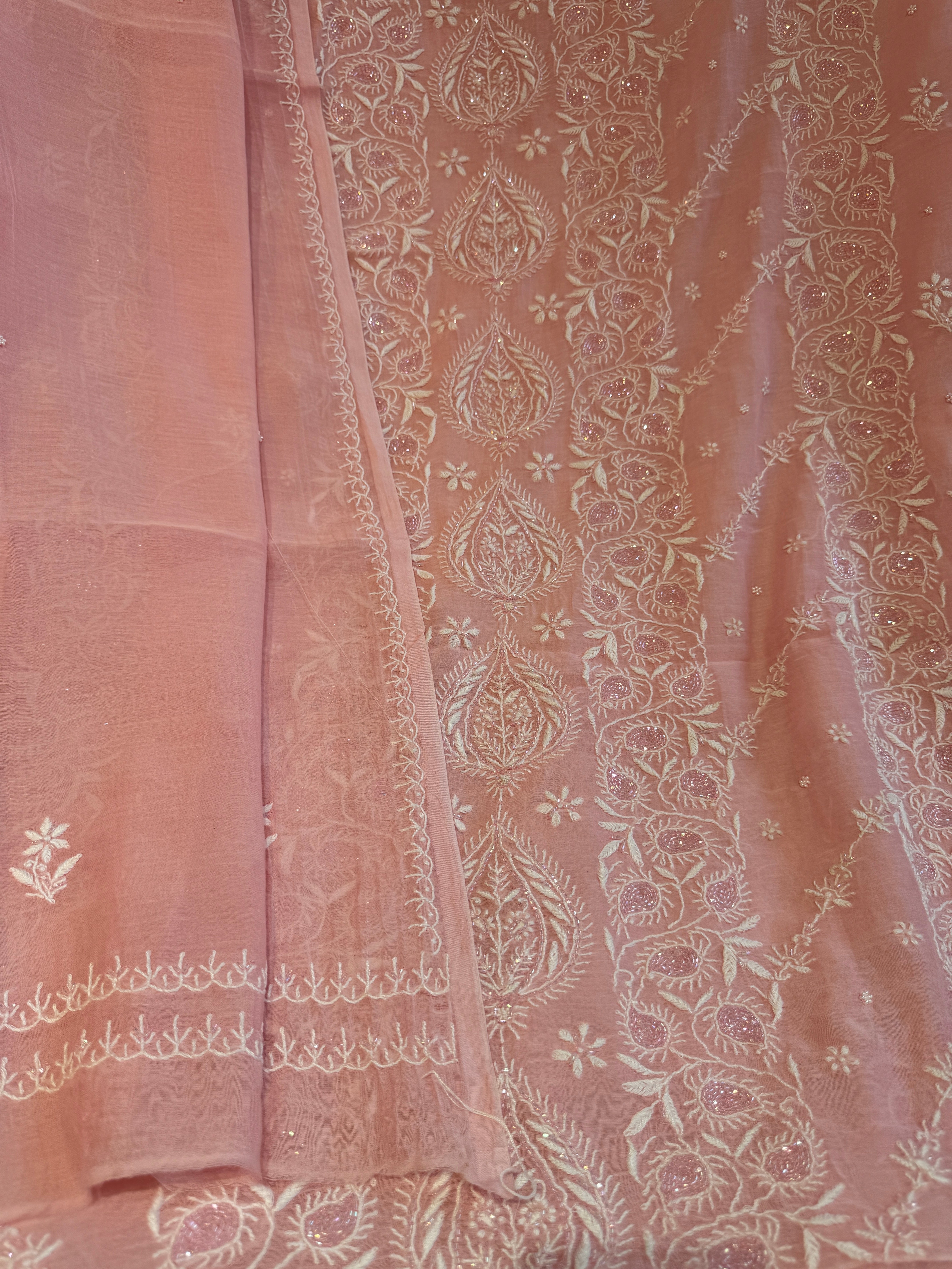 Mul Chanderi Chikankari - Heavy Unstitched Set - Pink ARIAA CHIKANKARI 