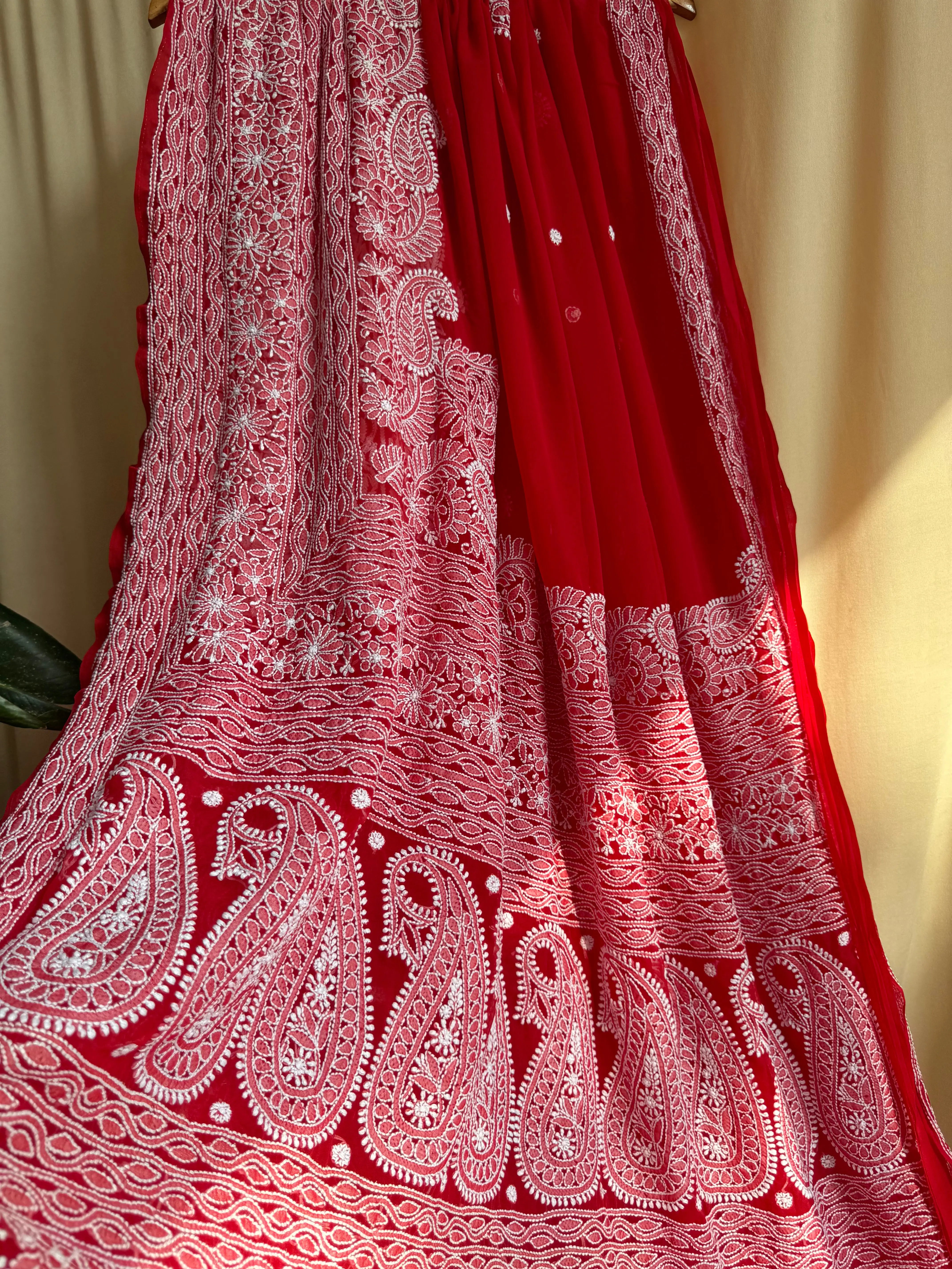 Georgette Chikankari saree in Red ARIAA CHIKANKARI 