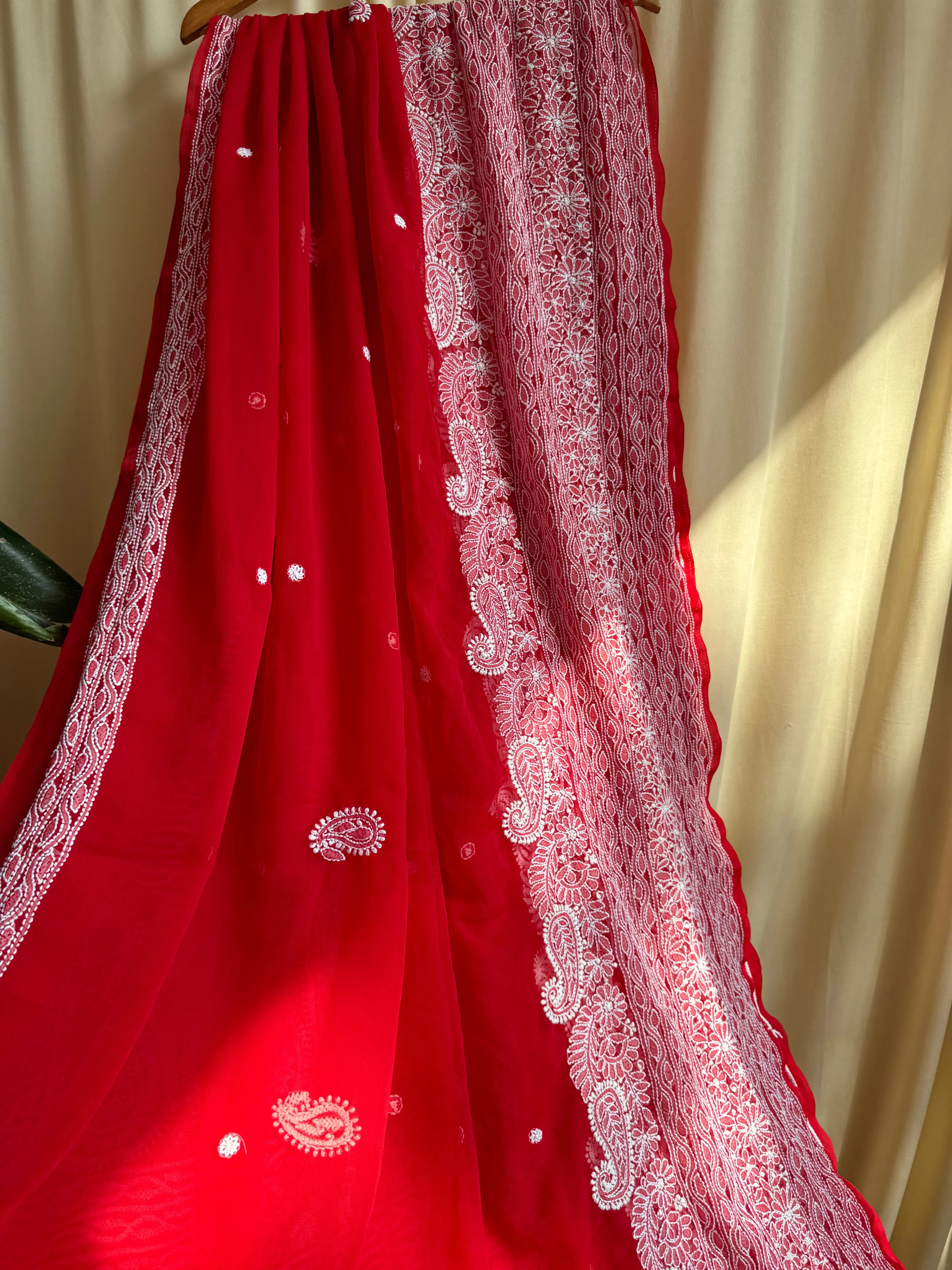 Georgette Chikankari saree in Red ARIAA CHIKANKARI 