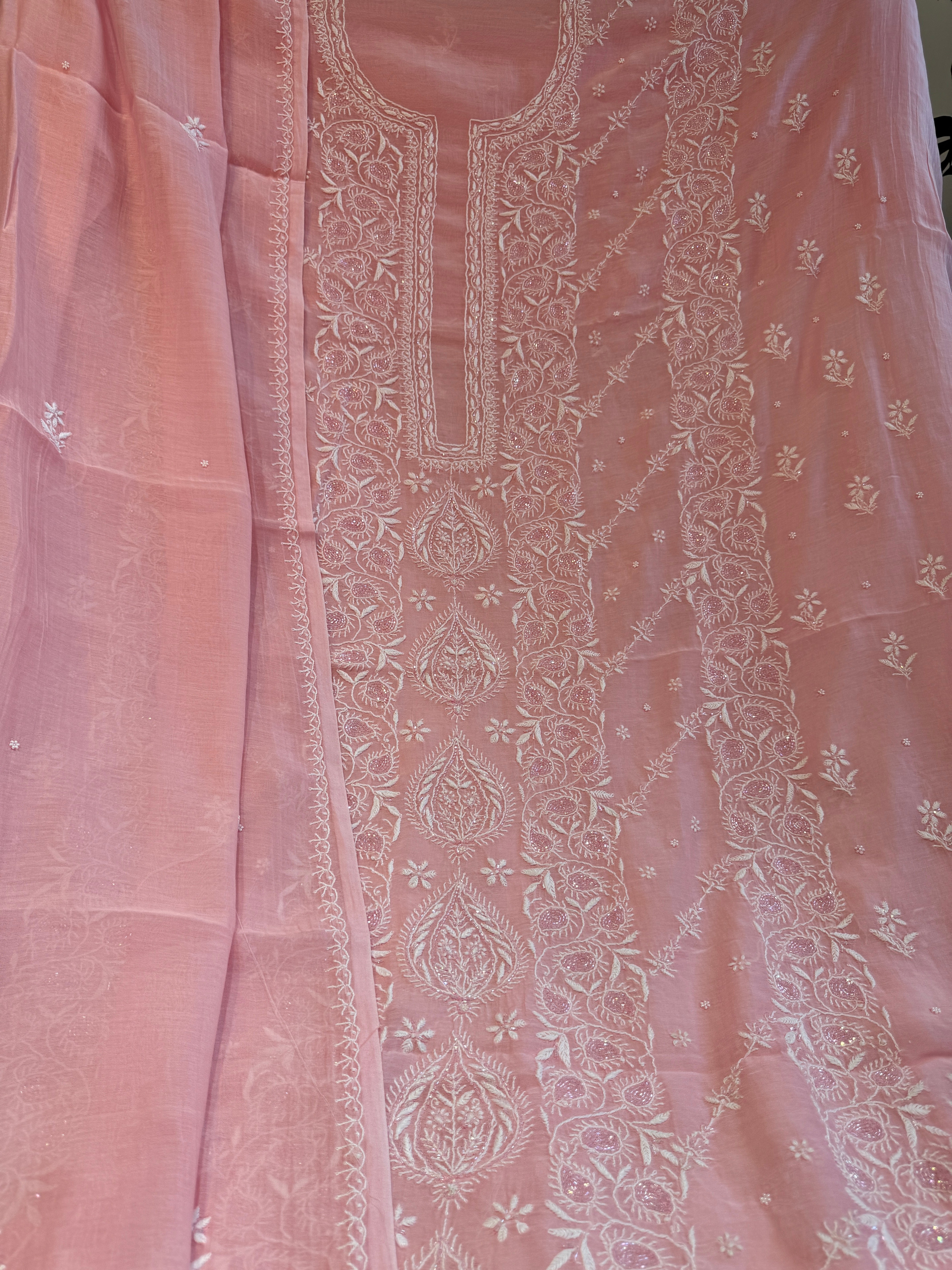 Mul Chanderi Chikankari - Heavy Unstitched Set - Pink ARIAA CHIKANKARI 
