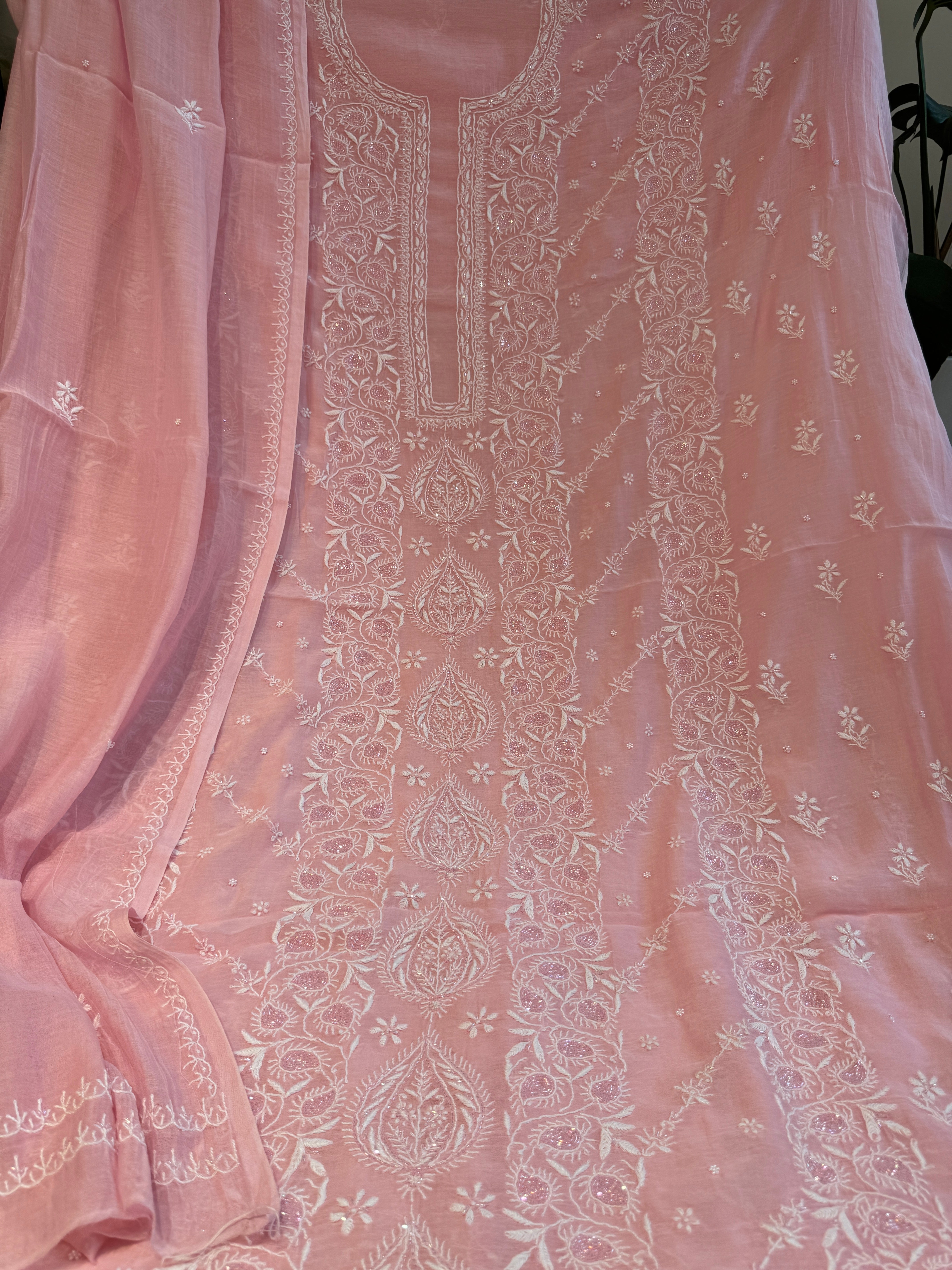 Mul Chanderi Chikankari - Heavy Unstitched Set - Pink ARIAA CHIKANKARI 