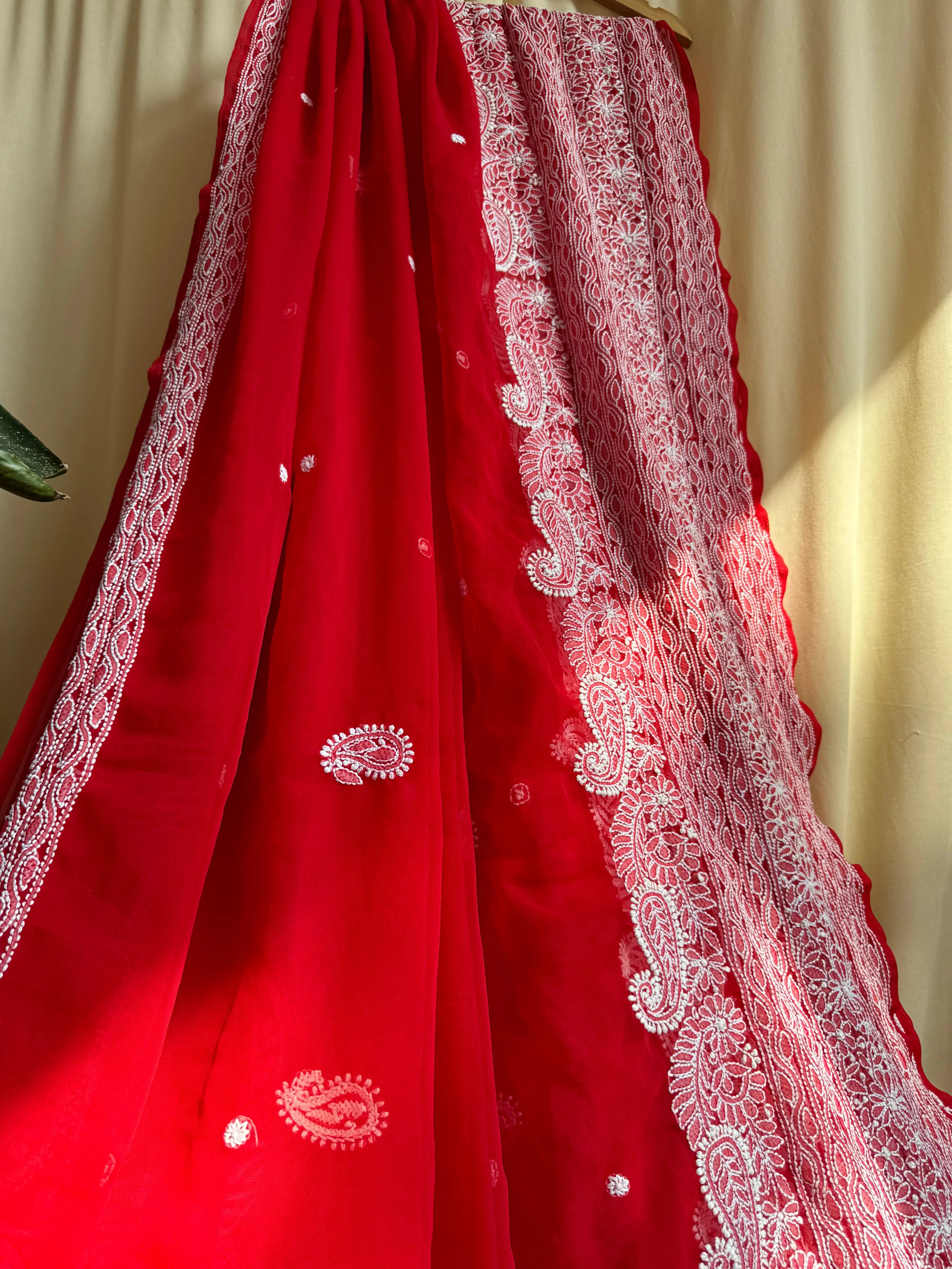 Georgette Chikankari saree in Red ARIAA CHIKANKARI 