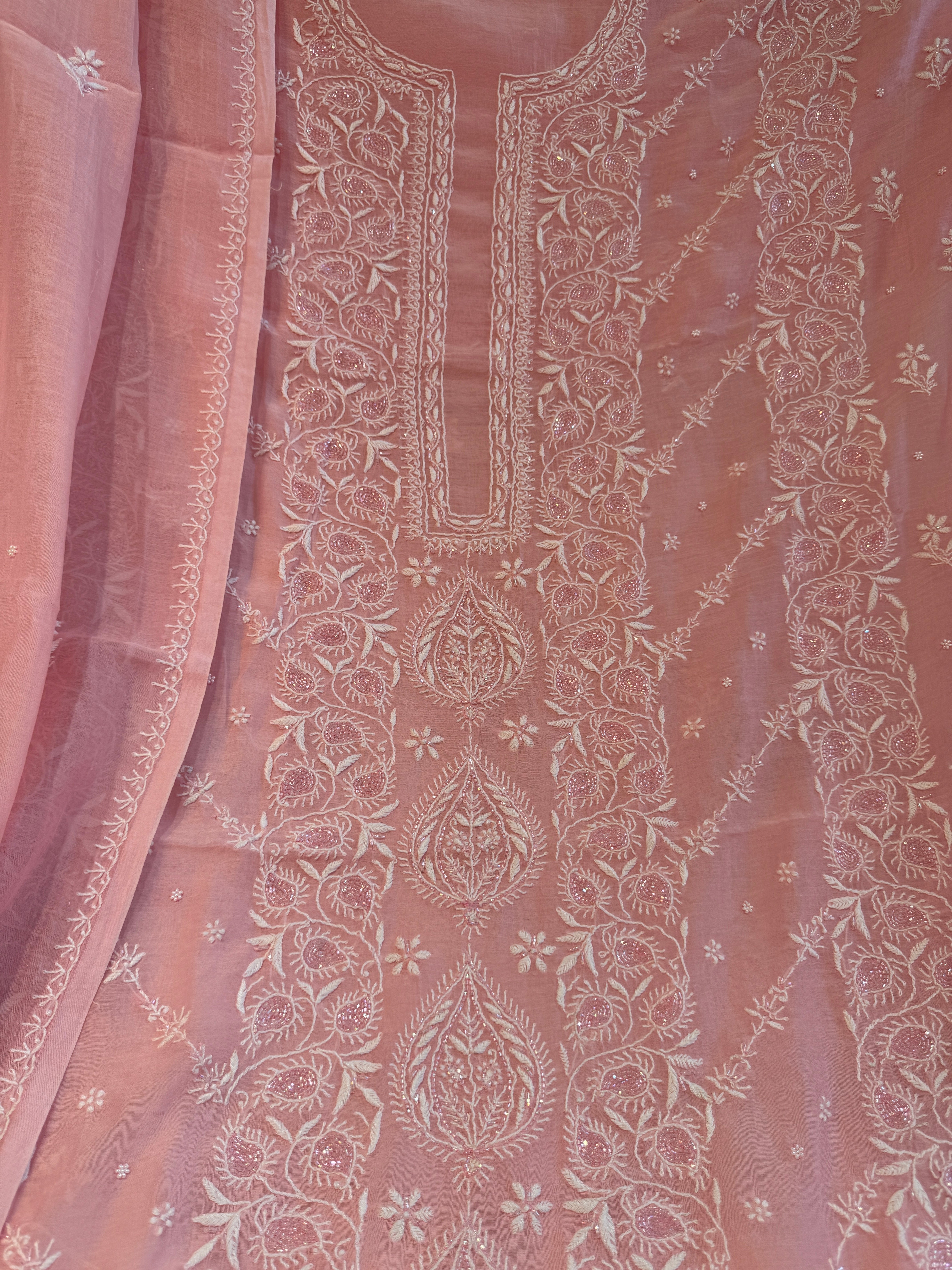 Mul Chanderi Chikankari - Heavy Unstitched Set - Pink ARIAA CHIKANKARI 