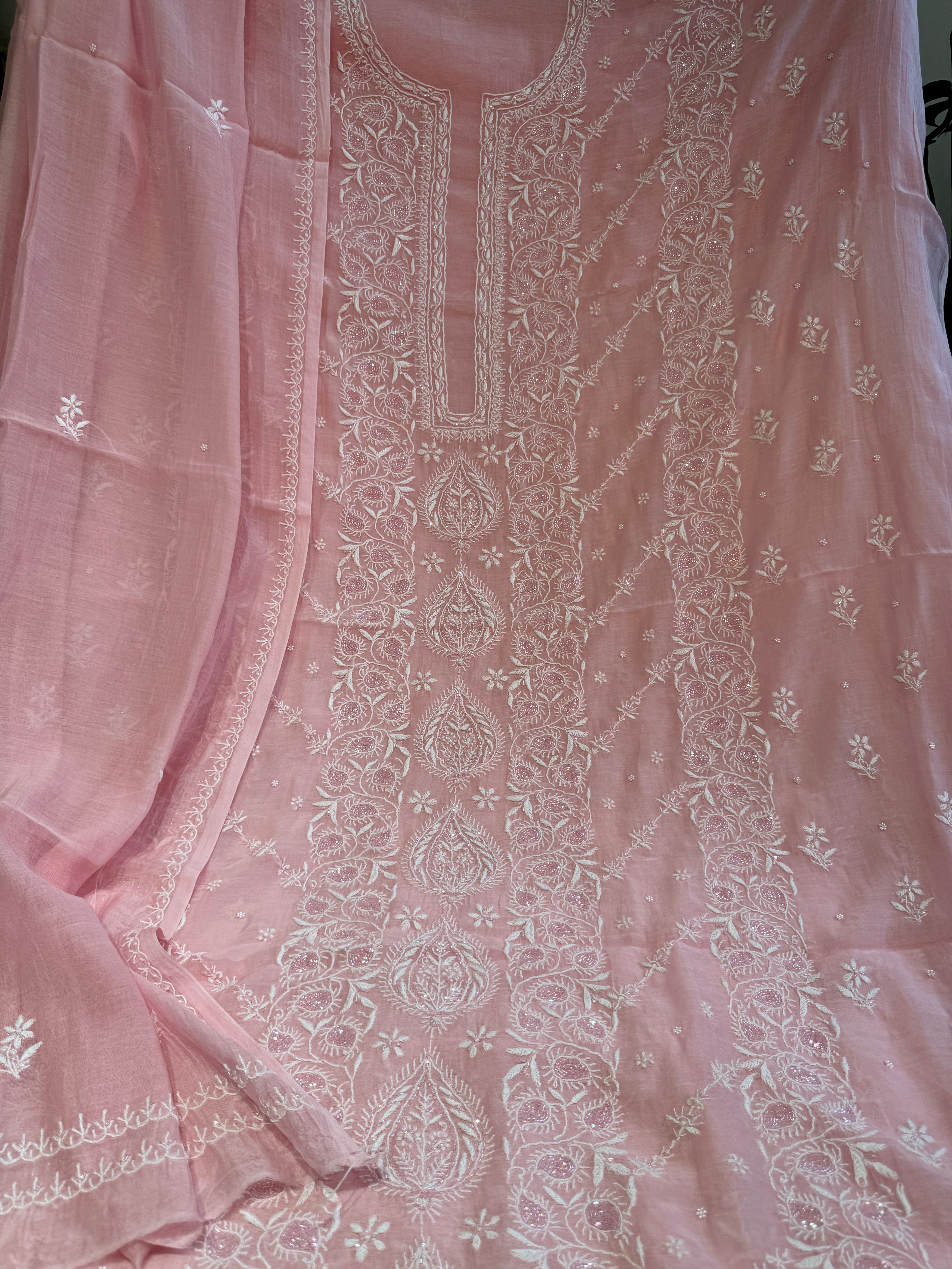Mul Chanderi Chikankari - Heavy Unstitched Set - Pink ARIAA CHIKANKARI 