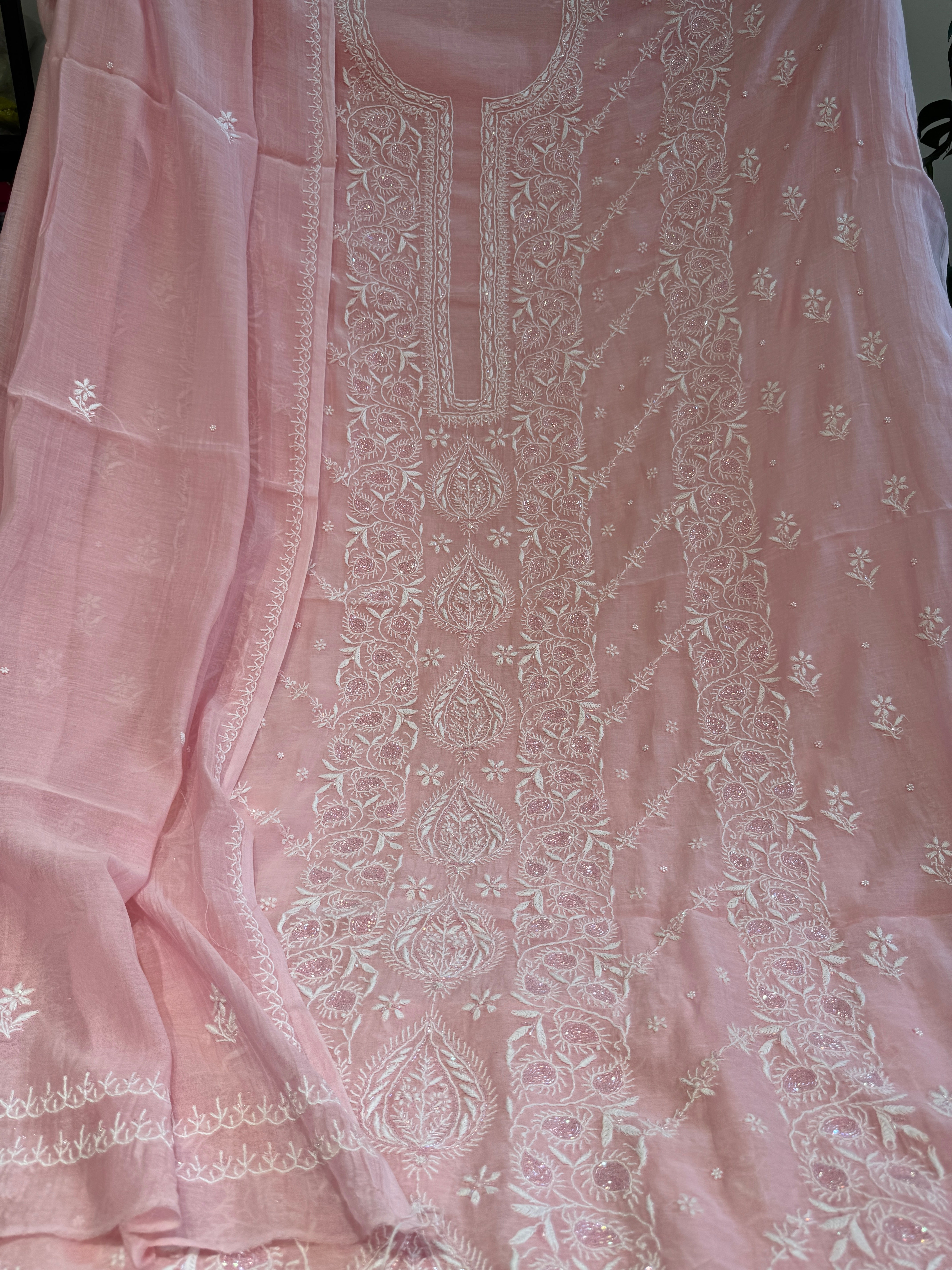 Mul Chanderi Chikankari - Heavy Unstitched Set - Pink ARIAA CHIKANKARI 