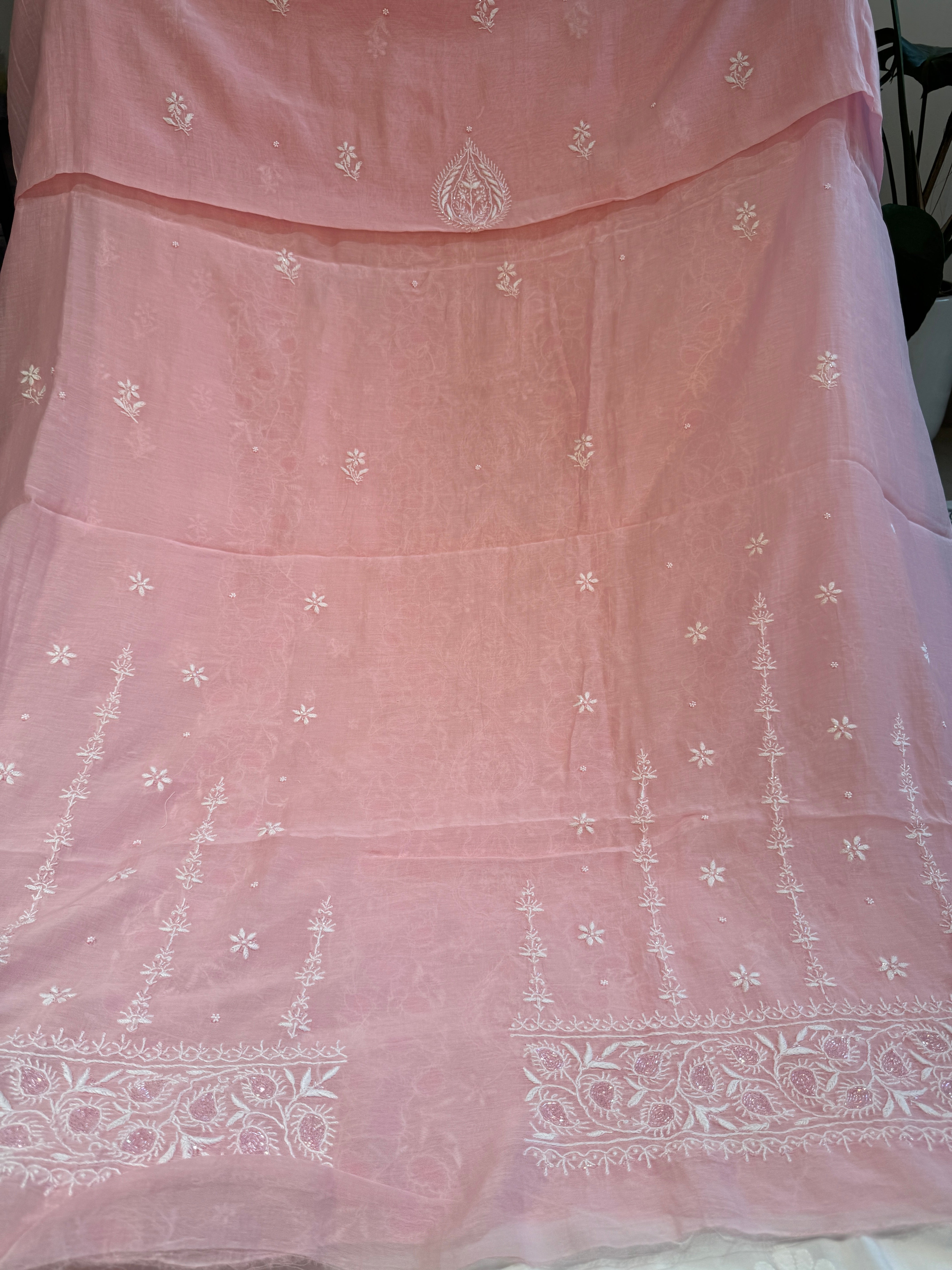 Mul Chanderi Chikankari - Heavy Unstitched Set - Pink ARIAA CHIKANKARI 