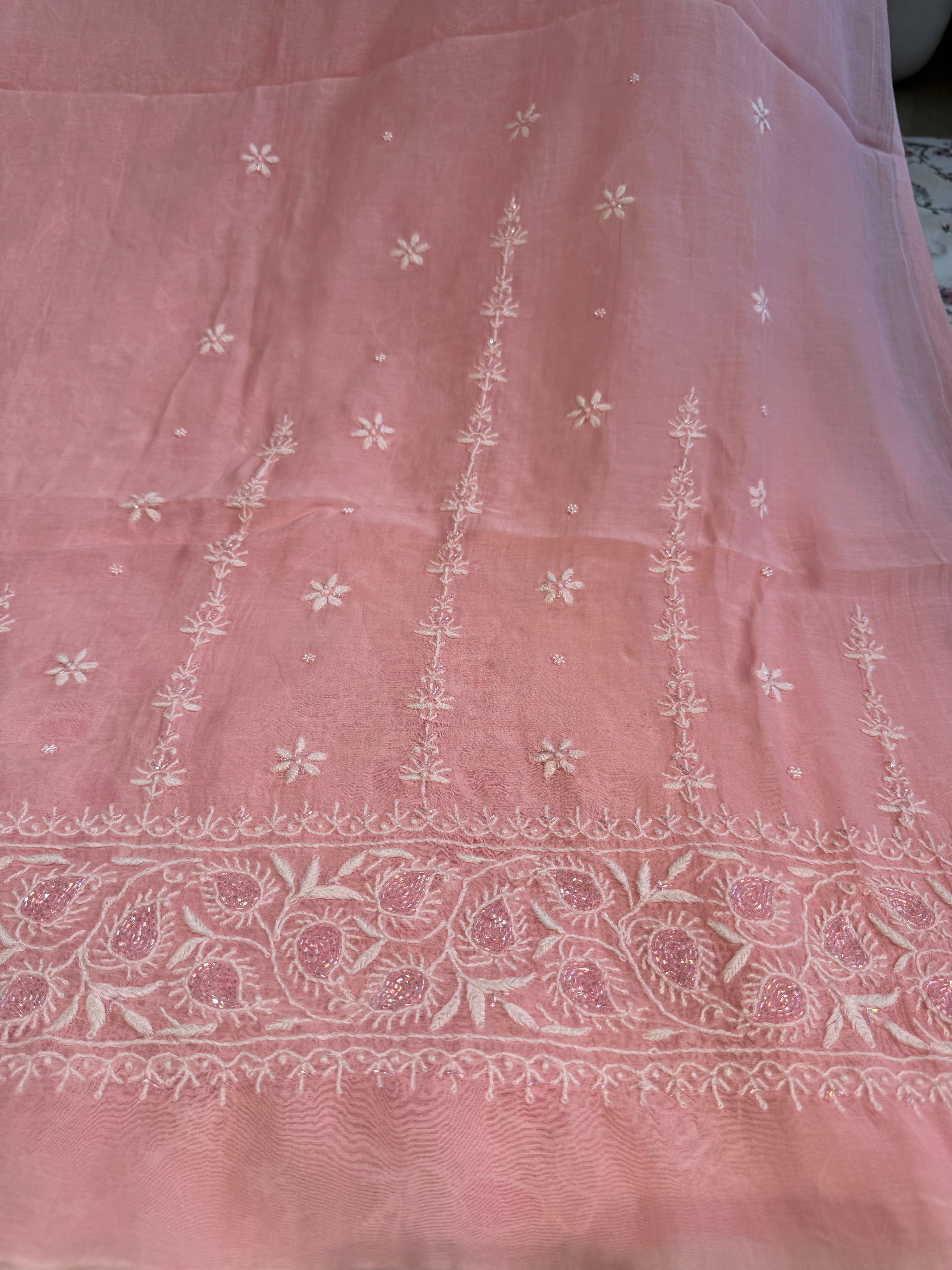 Mul Chanderi Chikankari - Heavy Unstitched Set - Pink ARIAA CHIKANKARI 