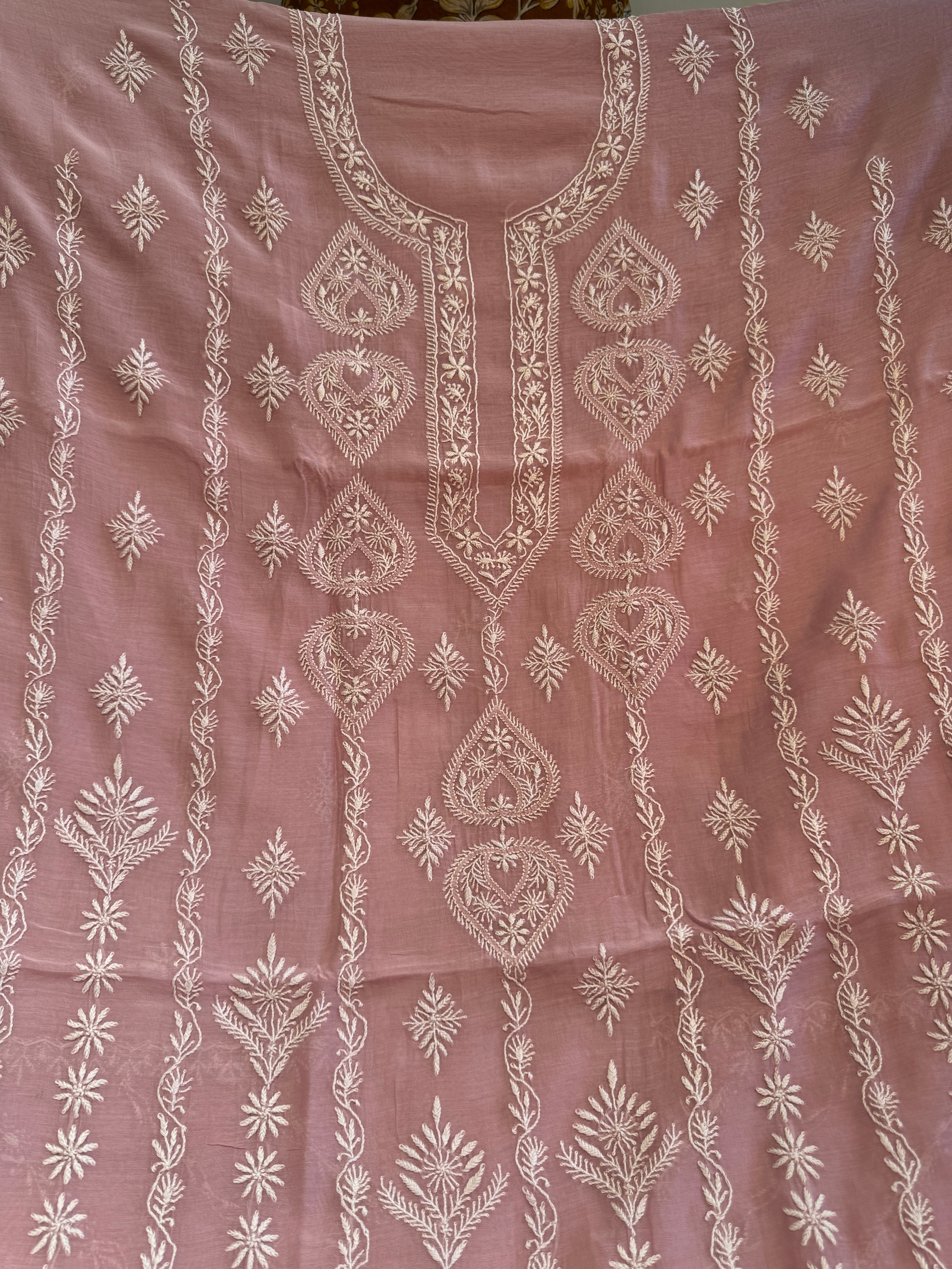 Mul Chanderi Chikankari Unstitched Length with Dupatta - Light Mauve ARIAA CHIKANKARI 