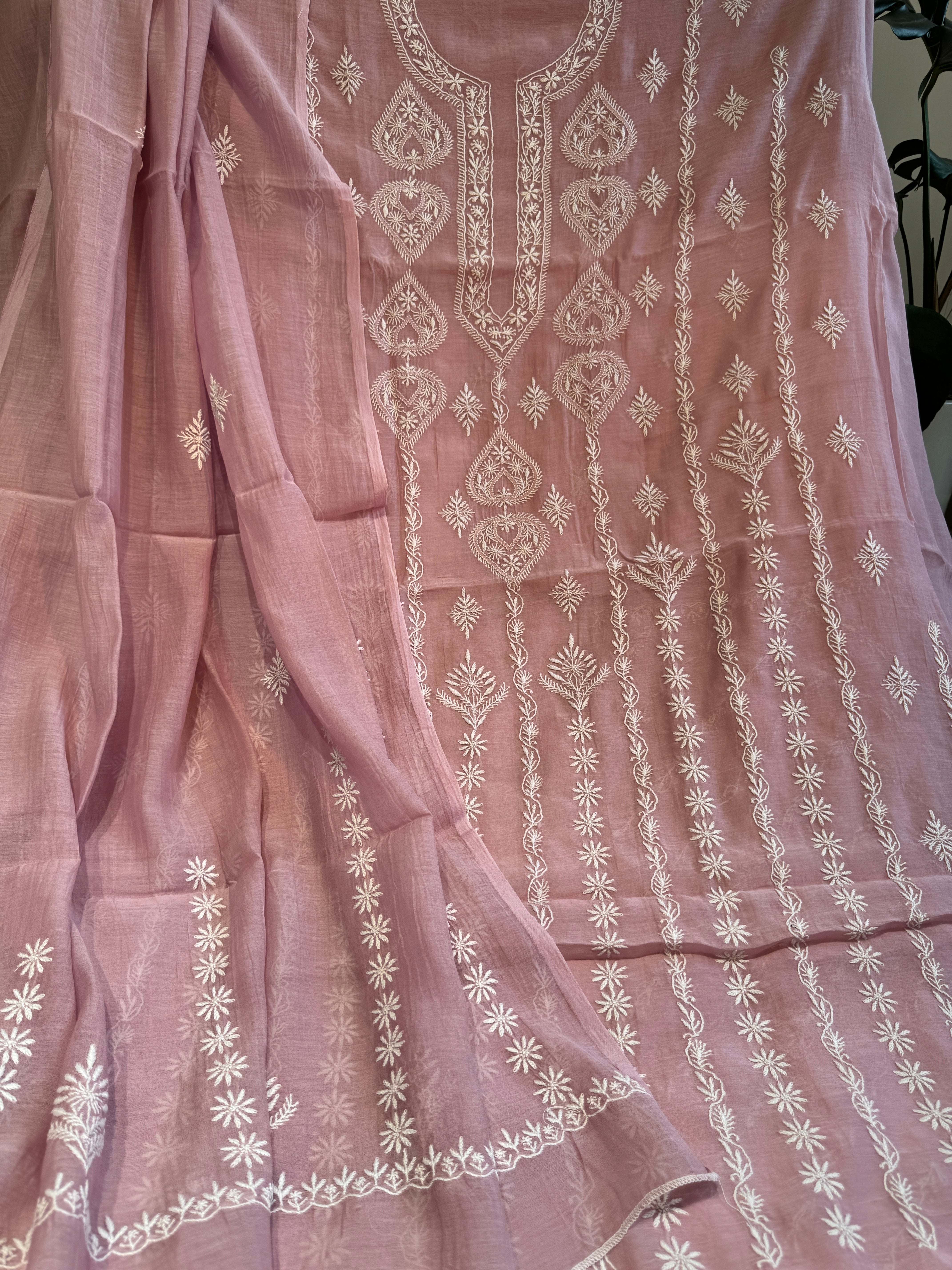 Mul Chanderi Chikankari Unstitched Length with Dupatta - Light Mauve ARIAA CHIKANKARI 