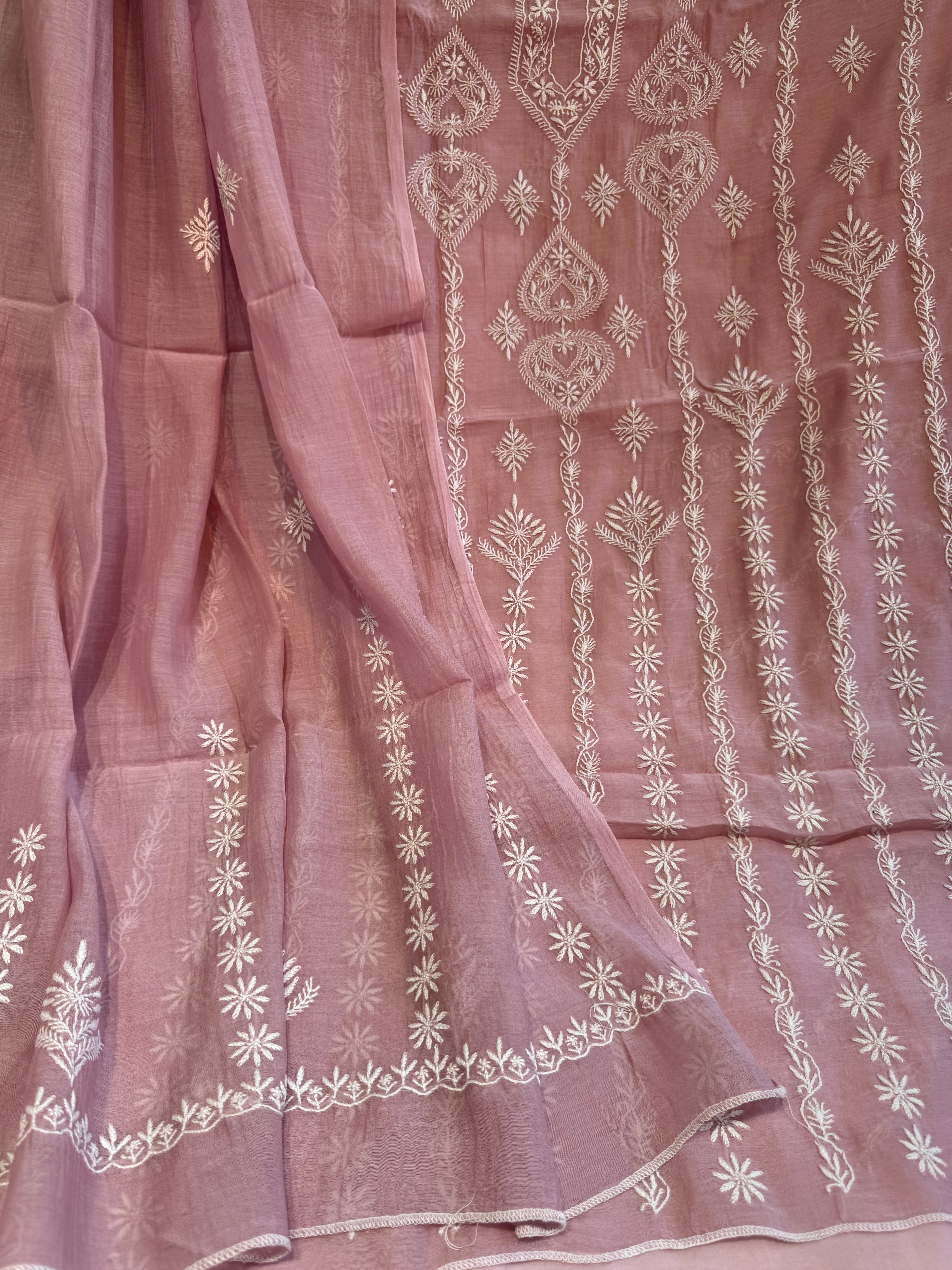 Mul Chanderi Chikankari Unstitched Length with Dupatta - Light Mauve ARIAA CHIKANKARI 