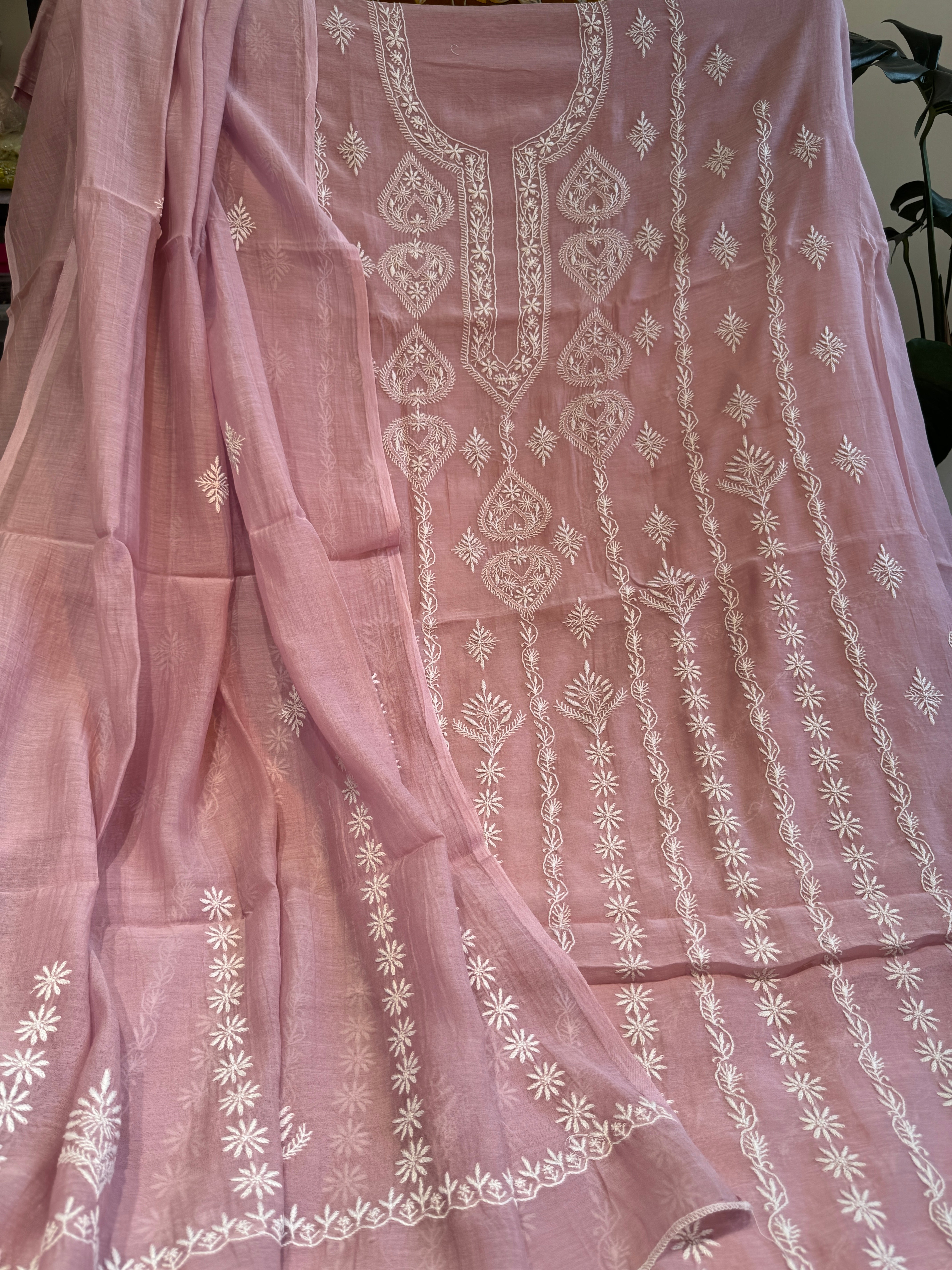 Mul Chanderi Chikankari Unstitched Length with Dupatta - Light Mauve ARIAA CHIKANKARI 