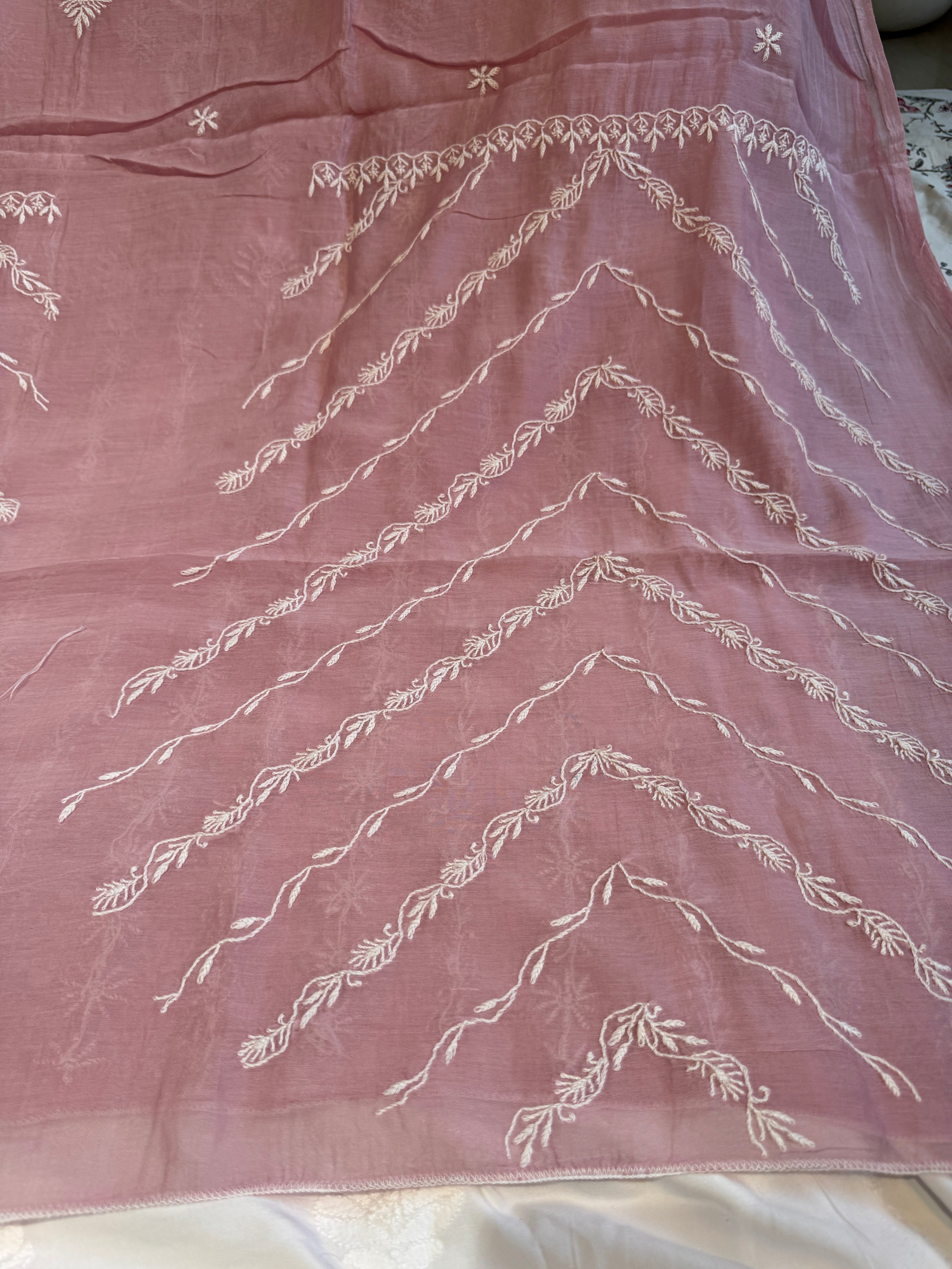 Mul Chanderi Chikankari Unstitched Length with Dupatta - Light Mauve ARIAA CHIKANKARI 