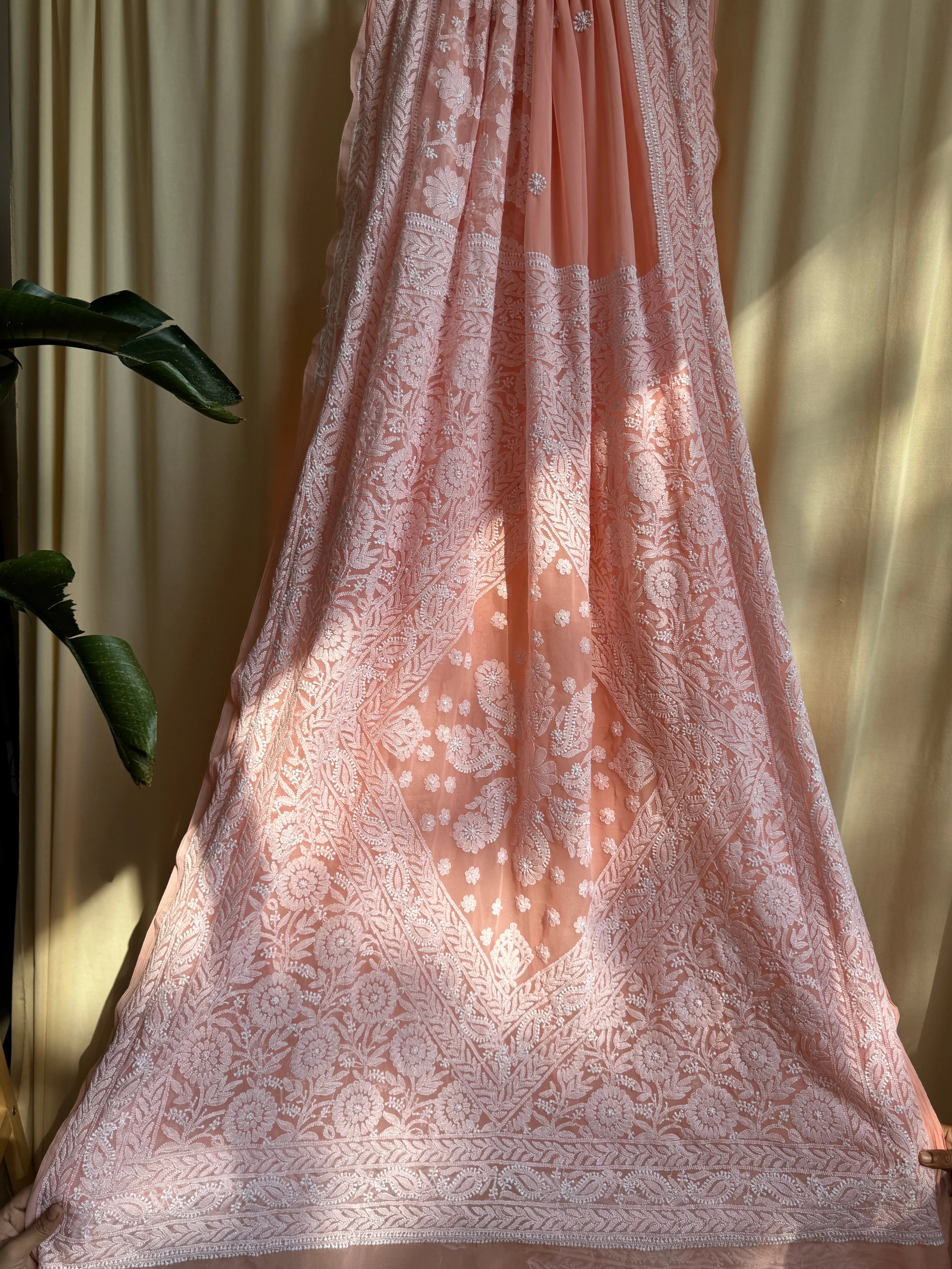 Georgette Chikankari saree in Peach ARIAA CHIKANKARI 