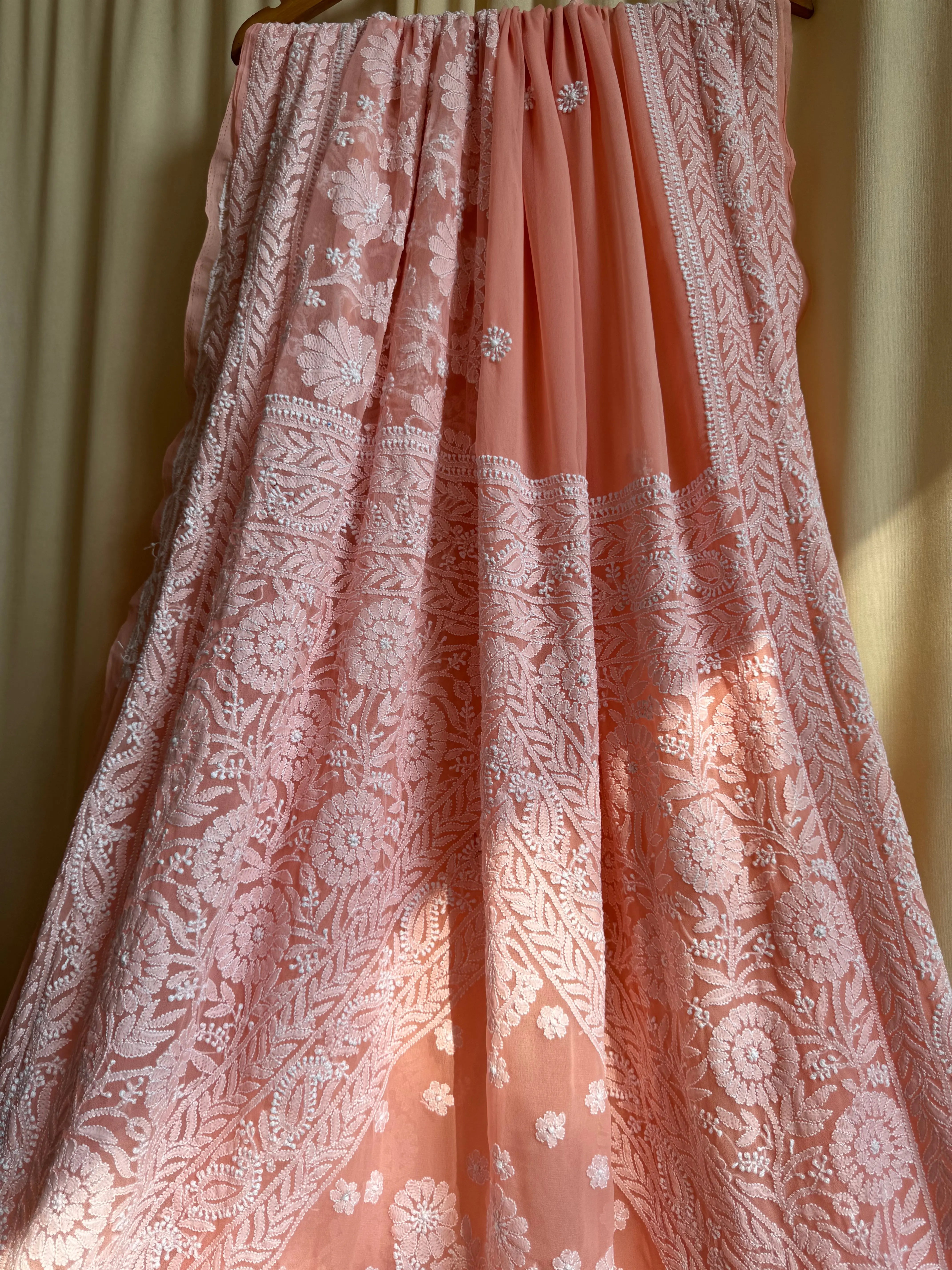 Georgette Chikankari saree in Peach ARIAA CHIKANKARI 