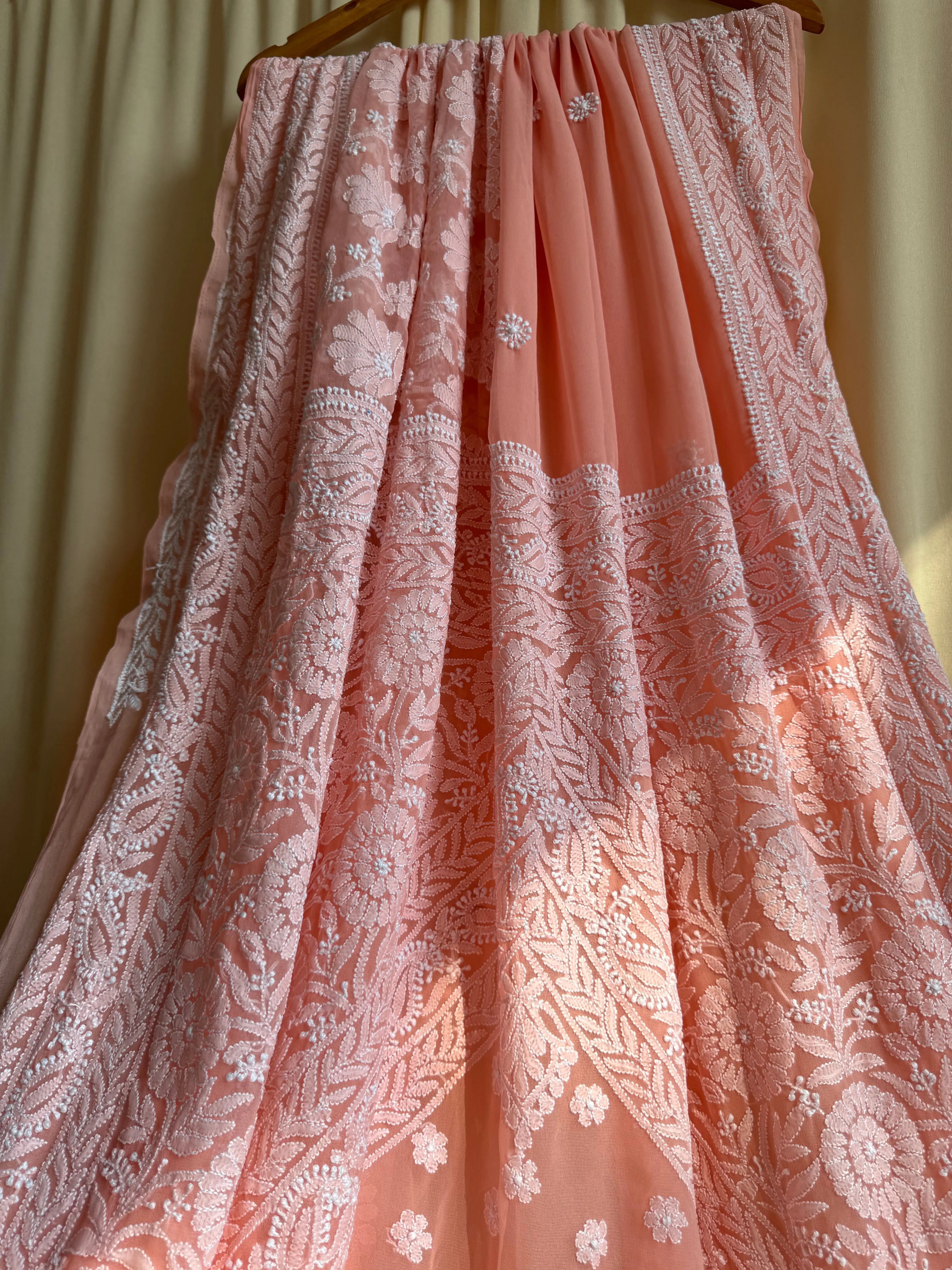 Georgette Chikankari saree in Peach ARIAA CHIKANKARI 