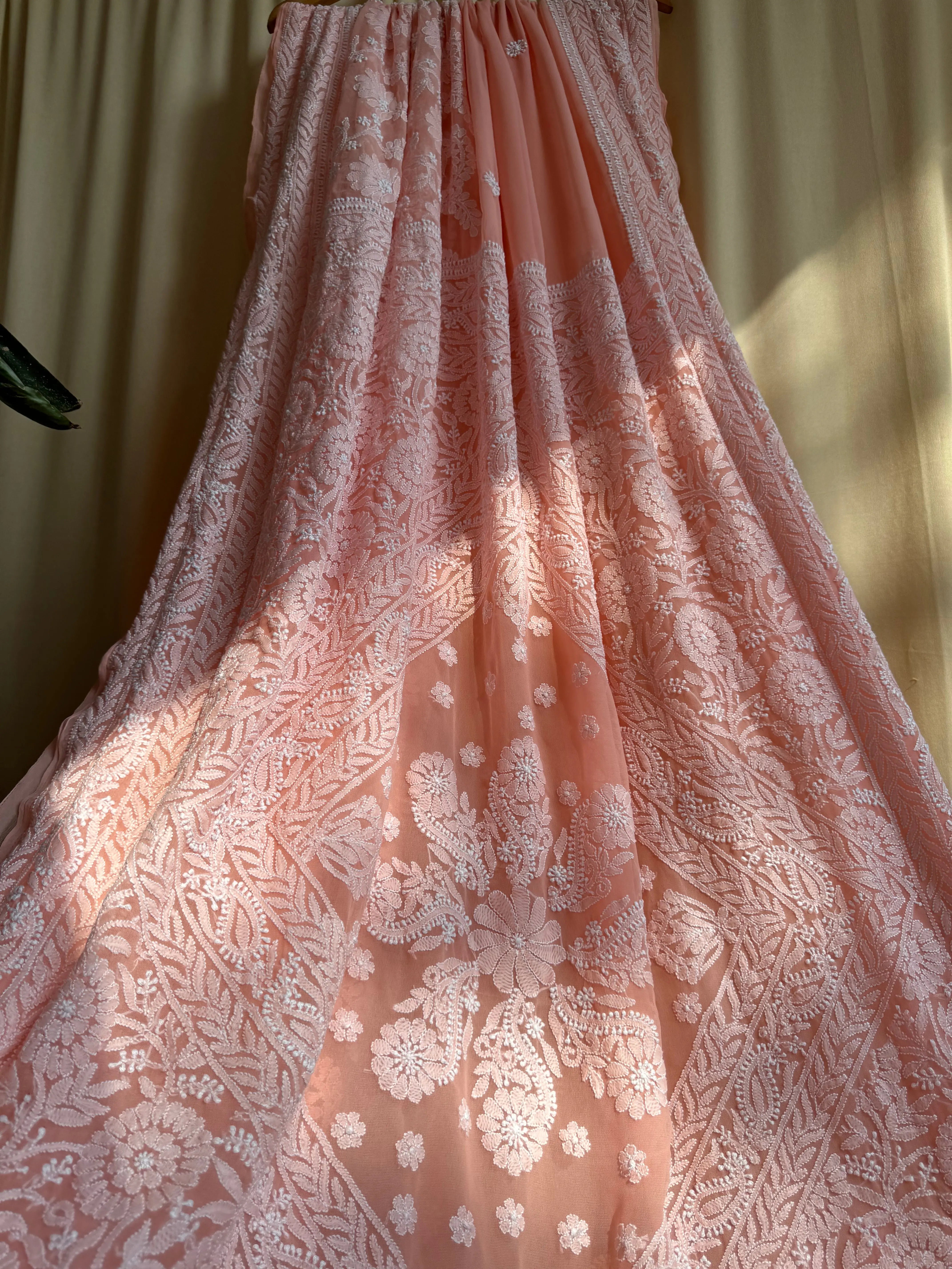 Georgette Chikankari saree in Peach ARIAA CHIKANKARI 