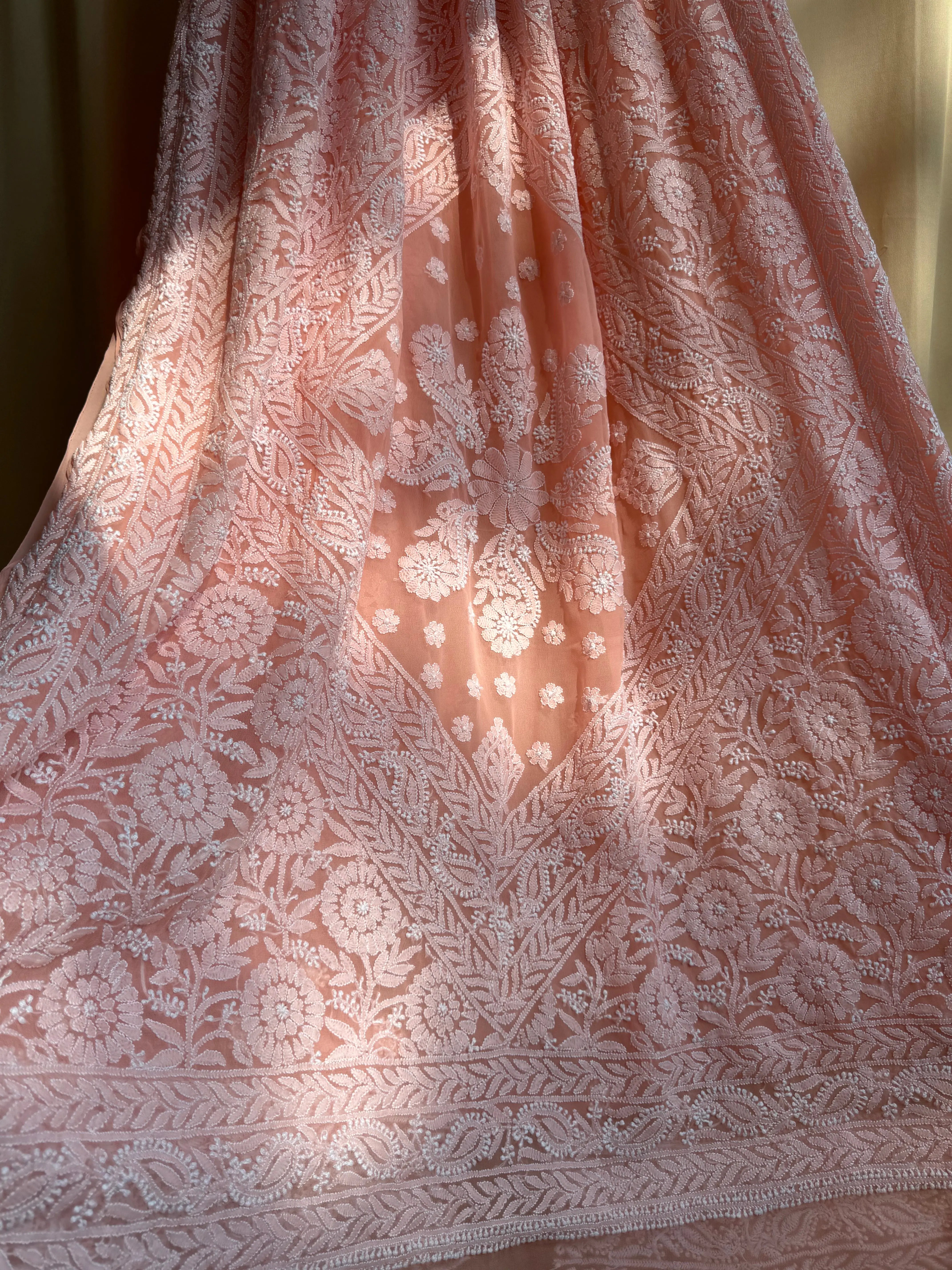 Georgette Chikankari saree in Peach ARIAA CHIKANKARI 