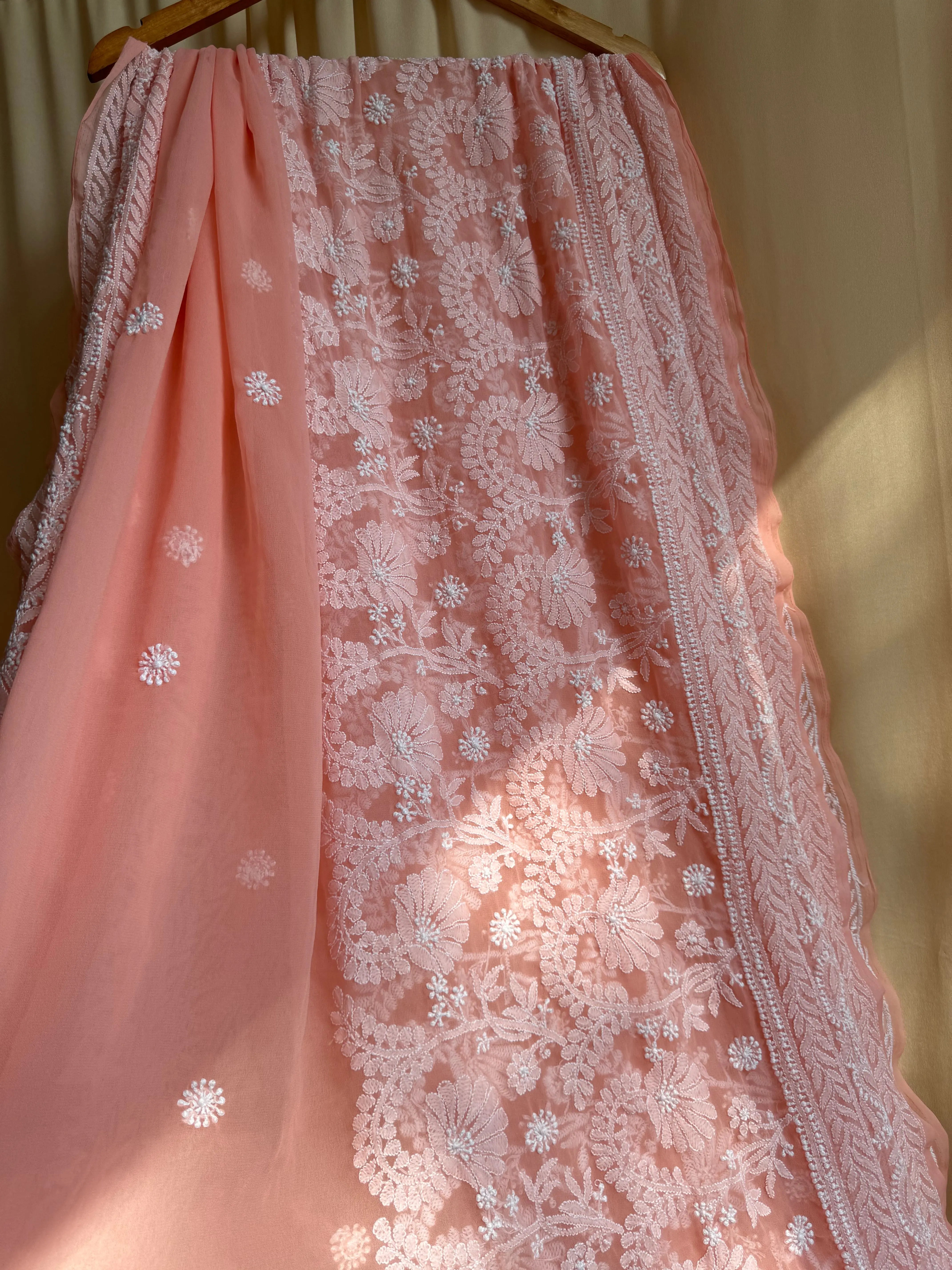 Georgette Chikankari saree in Peach ARIAA CHIKANKARI 