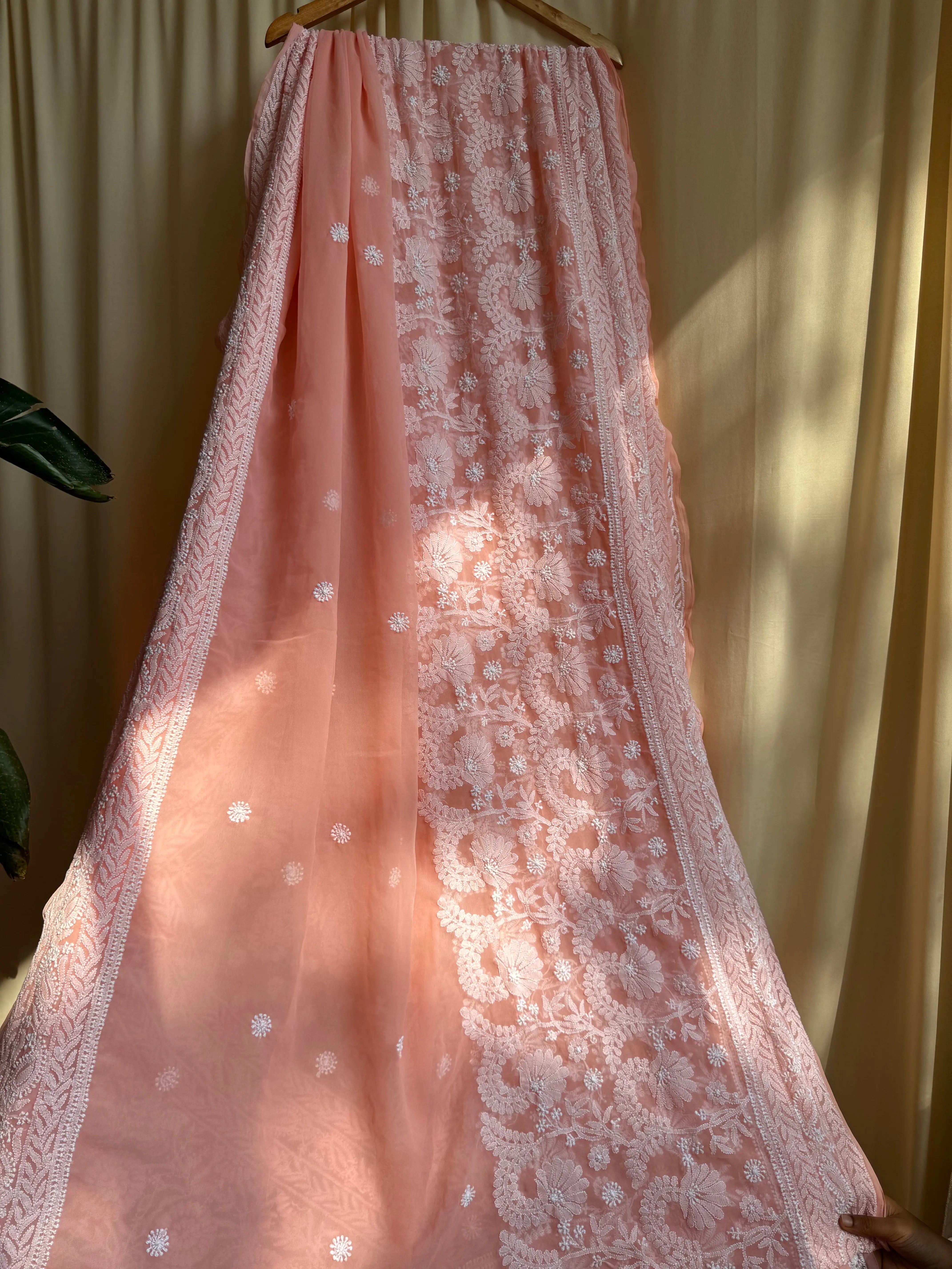 Georgette Chikankari saree in Peach ARIAA CHIKANKARI 