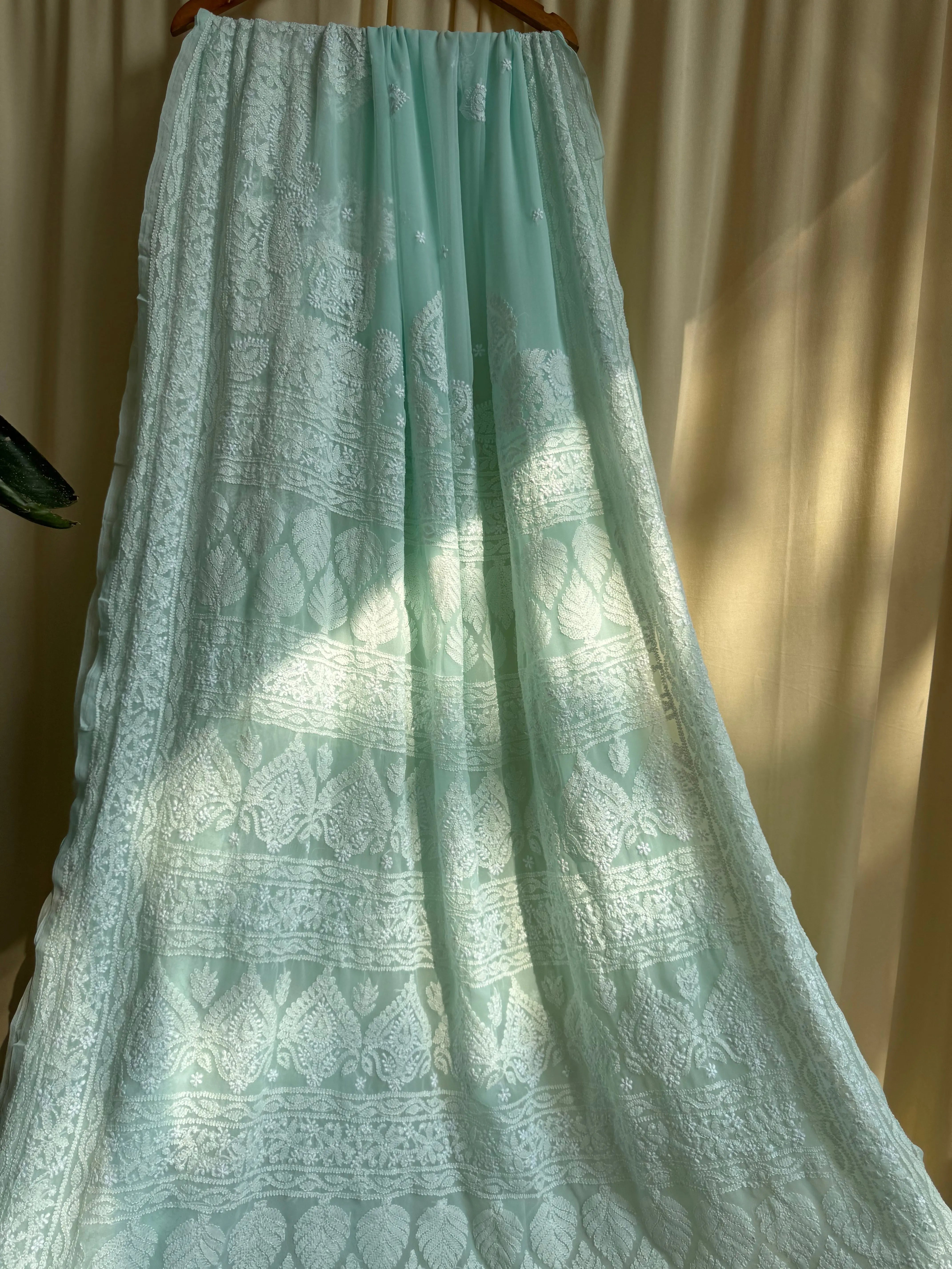 Georgette Chikankari saree in Sea Green ARIAA CHIKANKARI 