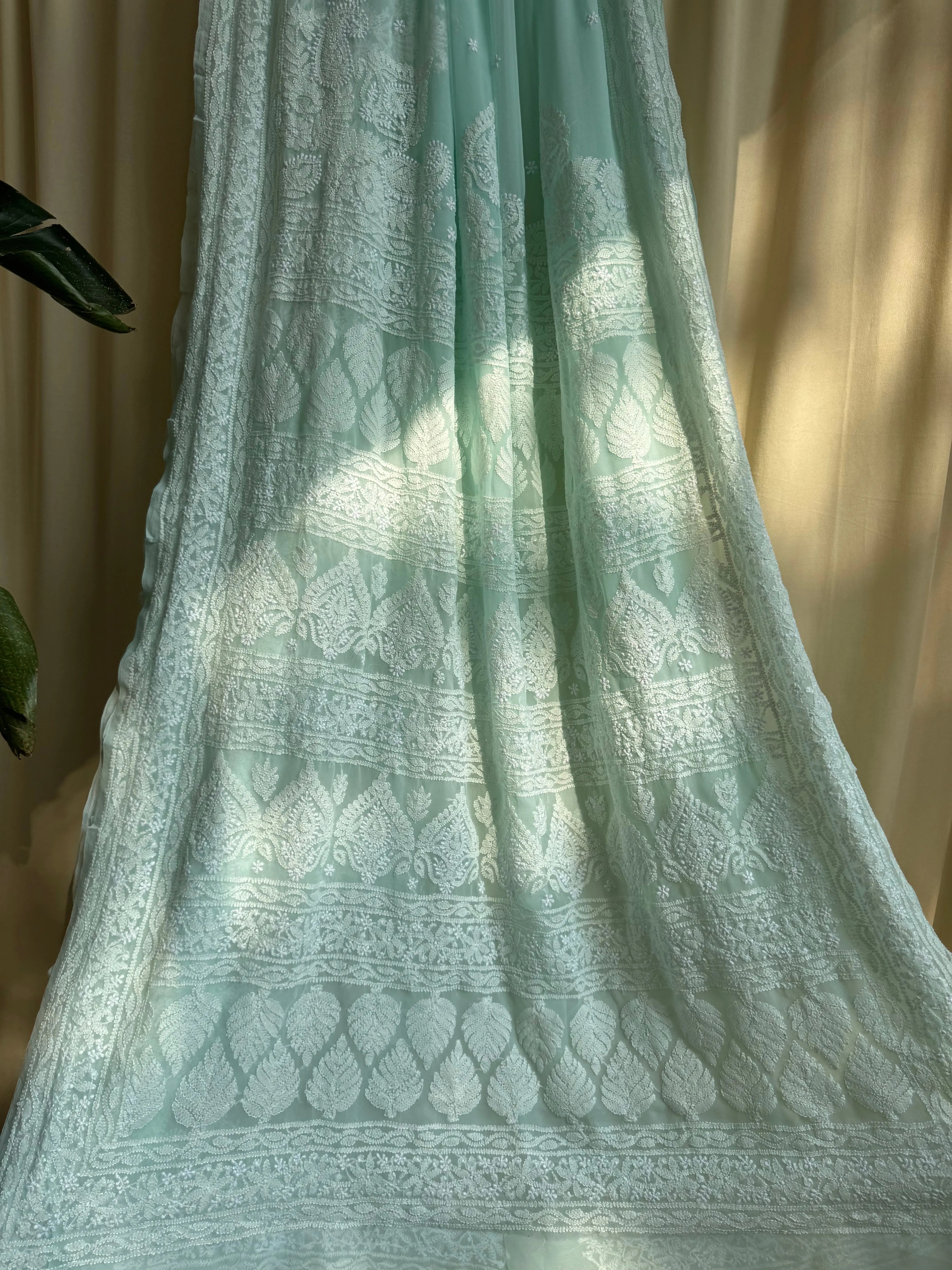 Georgette Chikankari saree in Sea Green ARIAA CHIKANKARI 