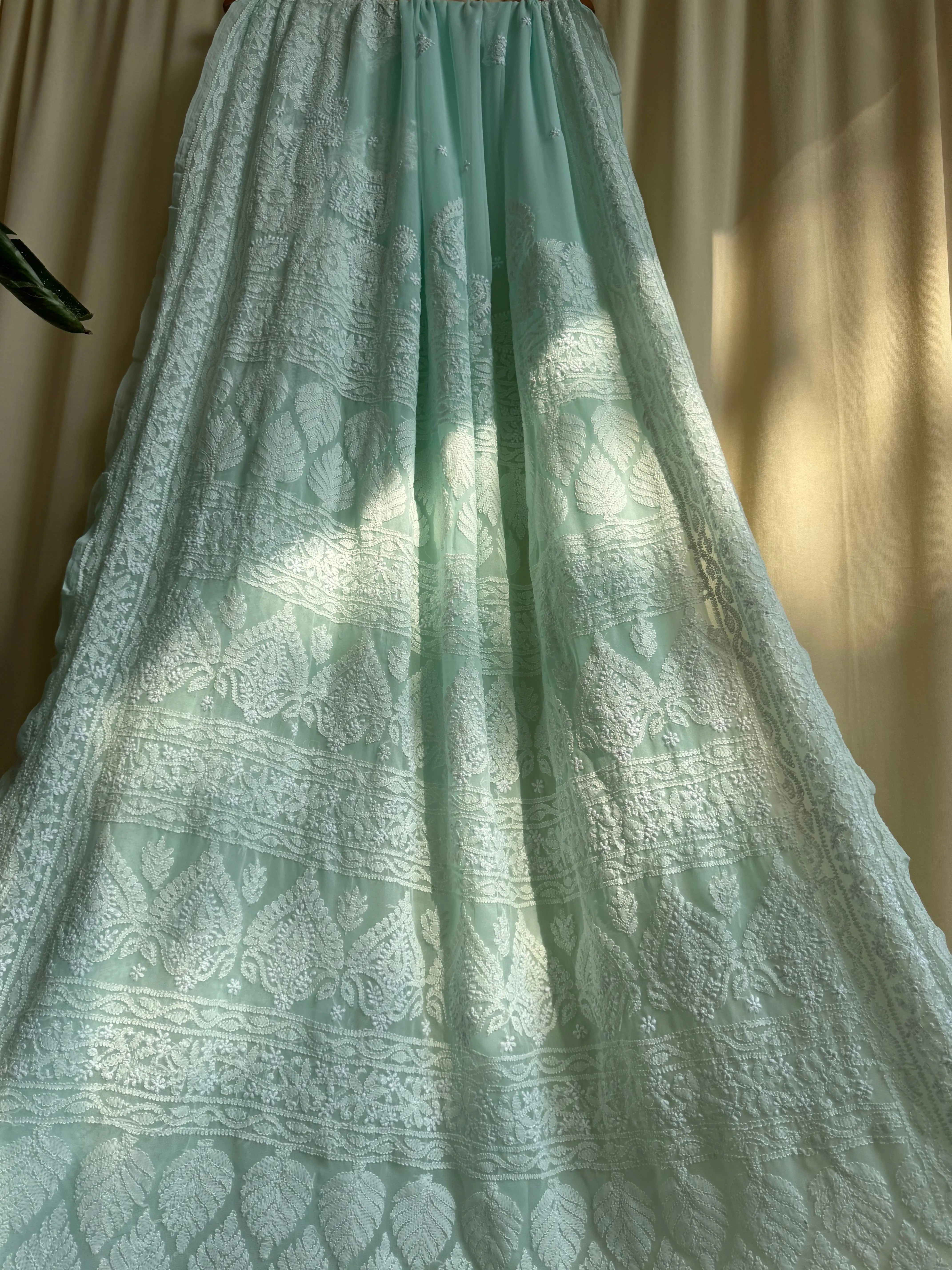 Georgette Chikankari saree in Sea Green ARIAA CHIKANKARI 