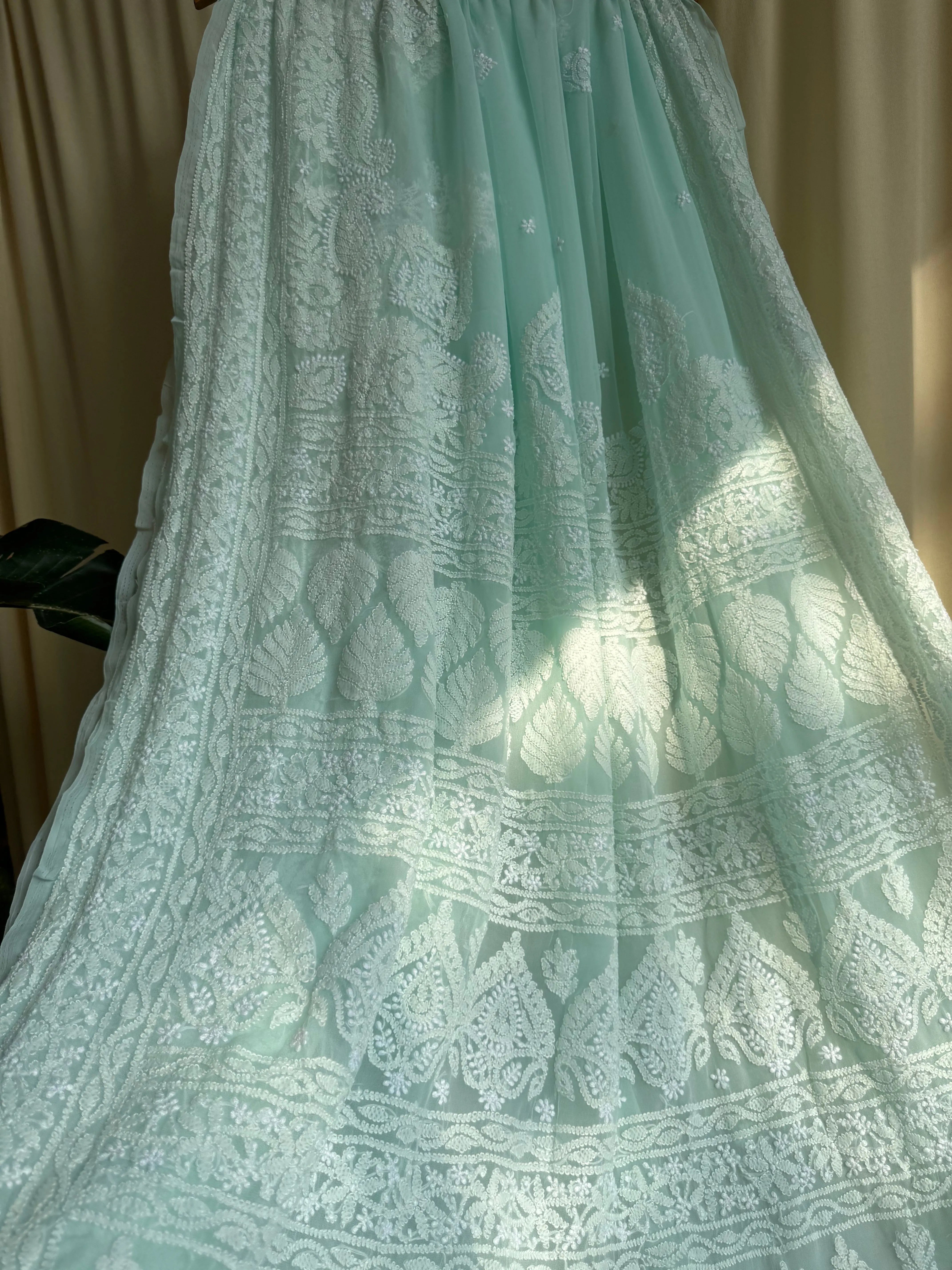 Georgette Chikankari saree in Sea Green ARIAA CHIKANKARI 