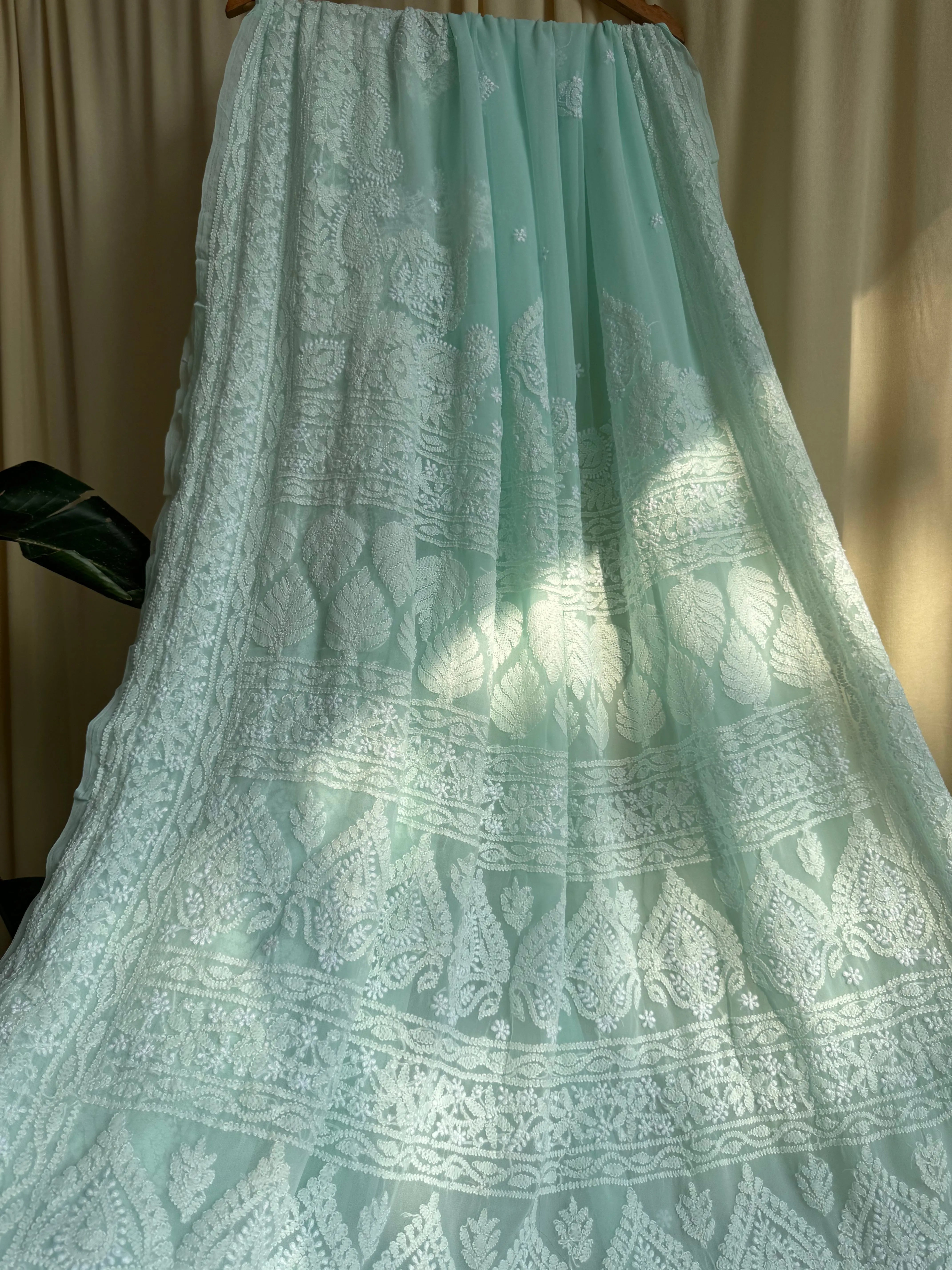 Georgette Chikankari saree in Sea Green ARIAA CHIKANKARI 