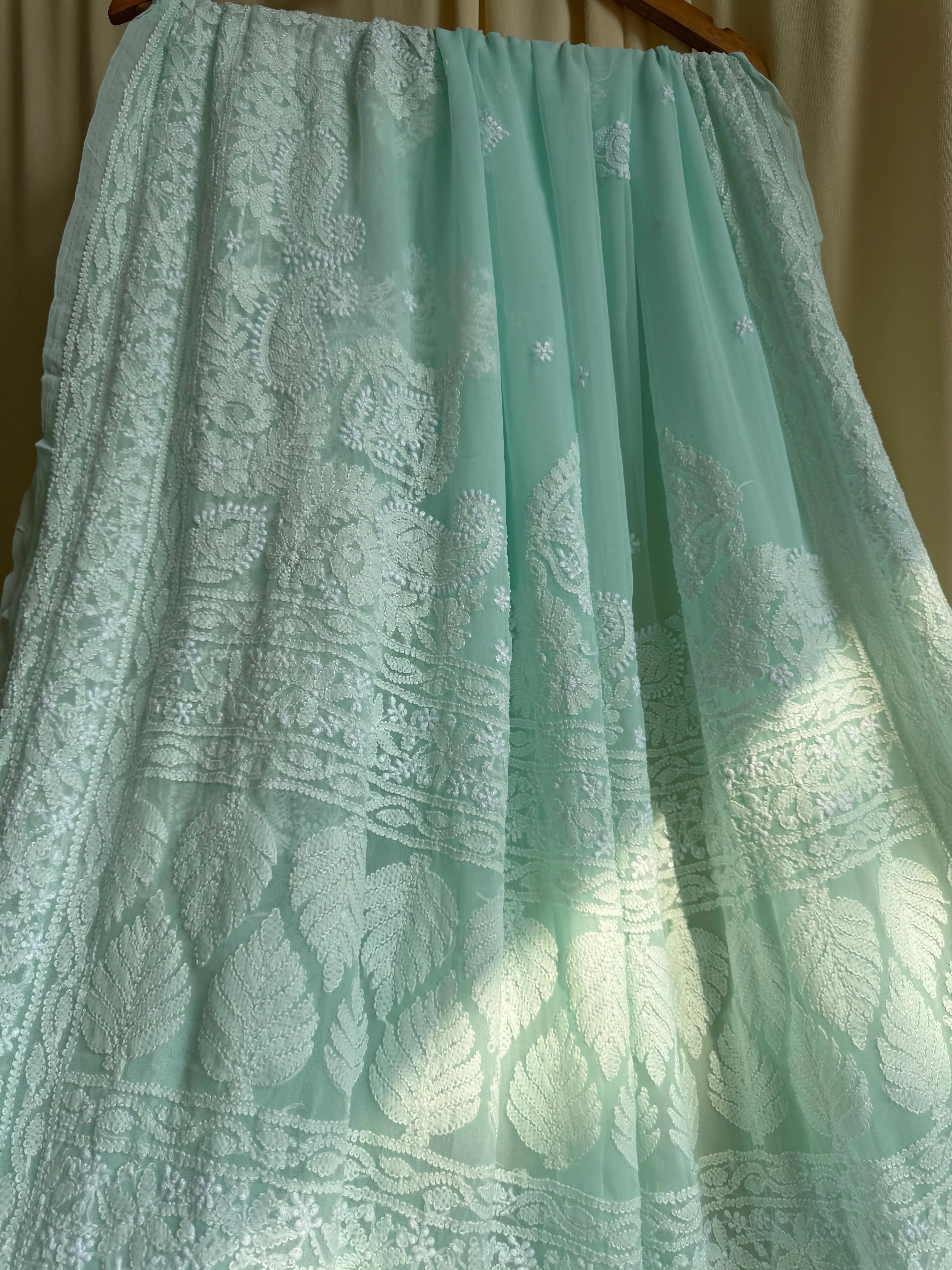 Georgette Chikankari saree in Sea Green ARIAA CHIKANKARI 